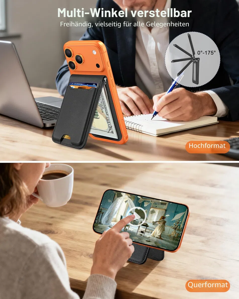 Für Magsafe Wallet Stand mit Geldklammer, stärkste magnetische Brieftasche für iPhone 16/15/14/13/12 Serie, magnetischer Kartenhalter mit Ausweisfenster, 5 Kartenhalter, RFID-Blockierung, nicht für 13