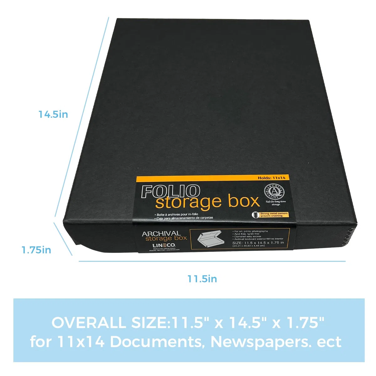 Lineco 27,9 x 35,6 cm Klapp Folio Aufbewahrungsbox, 4,4 cm, Metall Tiefer Rand Archivierung Faltschachtelkarton, Abnehmbarer Deckel, Farbe: Schwarz