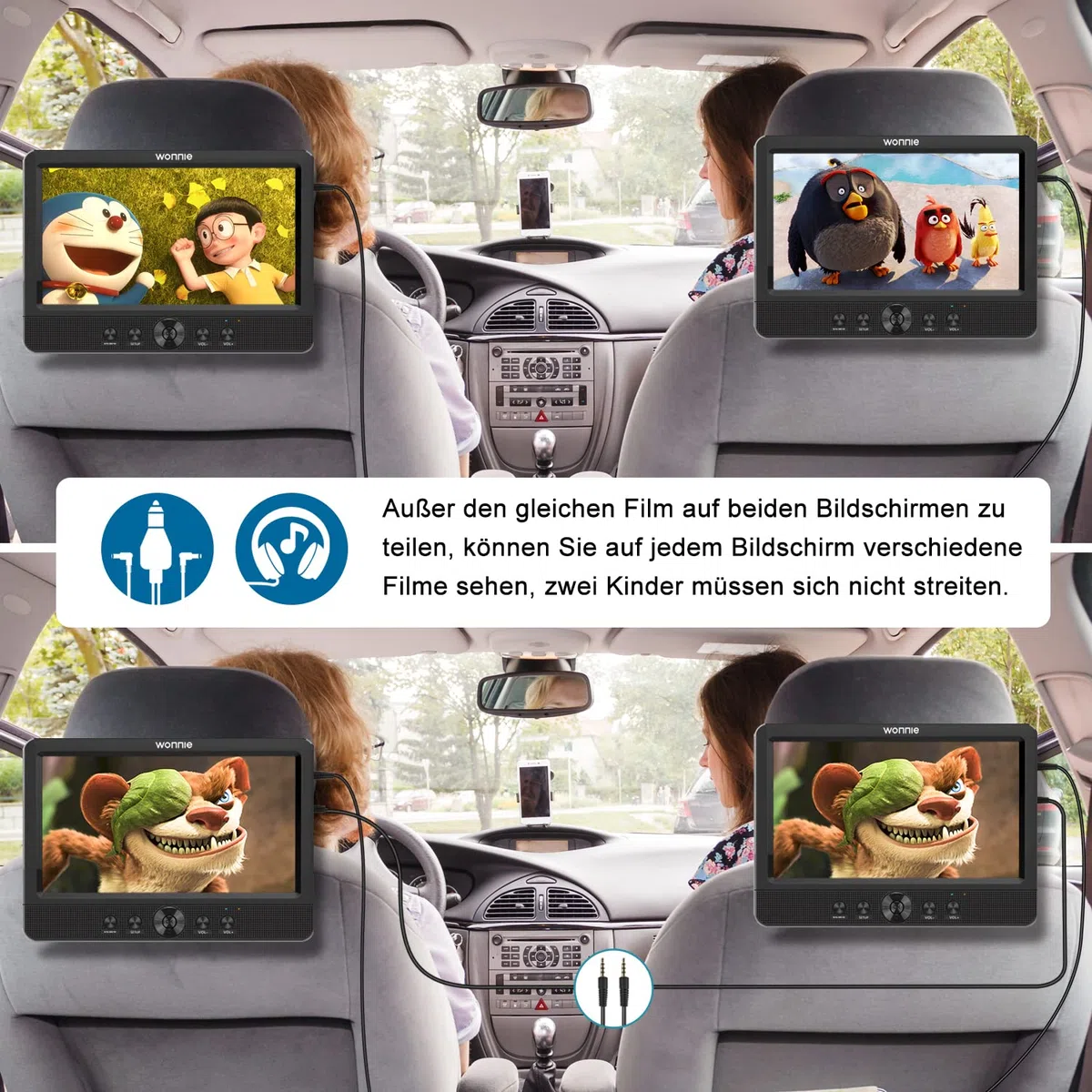 WONNIE Dual 10,5" Auto Tragbarer DVD Player 2 Monitore mit 5 Stunden Rechargble TFT Display Kopfstütze Doppelbildschirm, Unterstützung USB/SD/AV IN/Out
