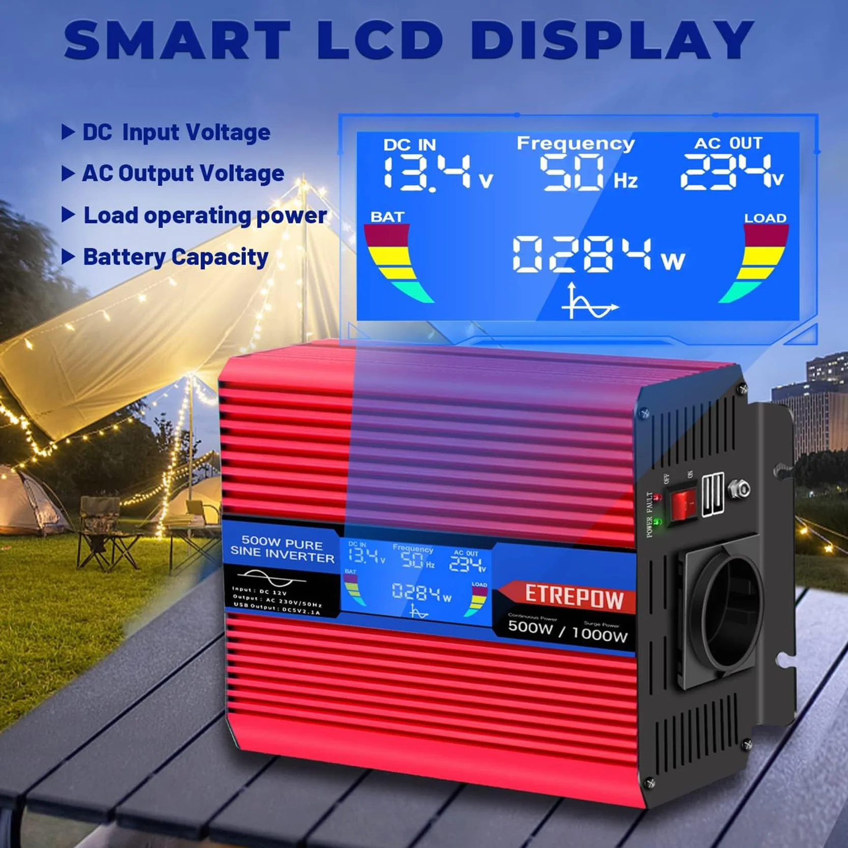500w Wechselrichter 12v auf 230v Reiner Sinus Spannungswandler mit 2 USB,Drahtlose Fernsteuerung,LCD Bildschirm -Spitzenleistung 1000w Kfz Inverter