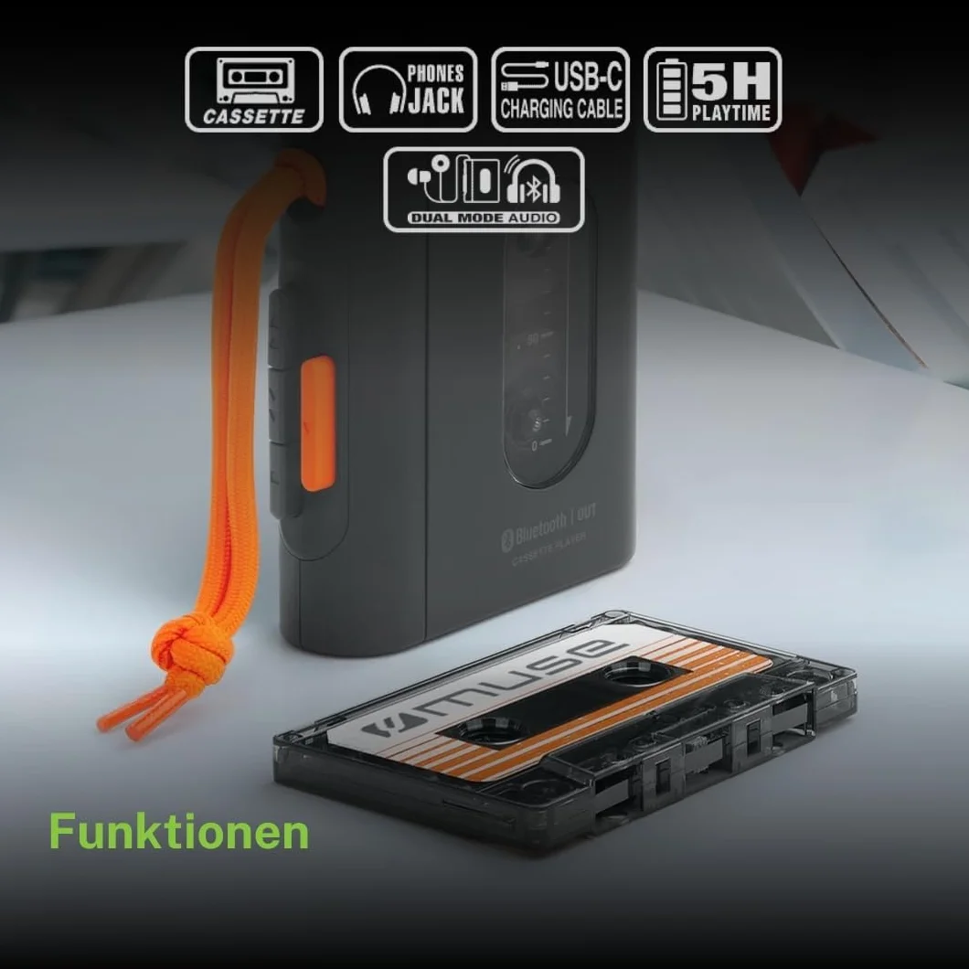 Muse Kassettenspieler - Tragbarer Kassettenspieler mit Kopfhöreranschluss und Bluetooth | Schnelles Aufladen per USB-C - Schickes Design | Schwarz
