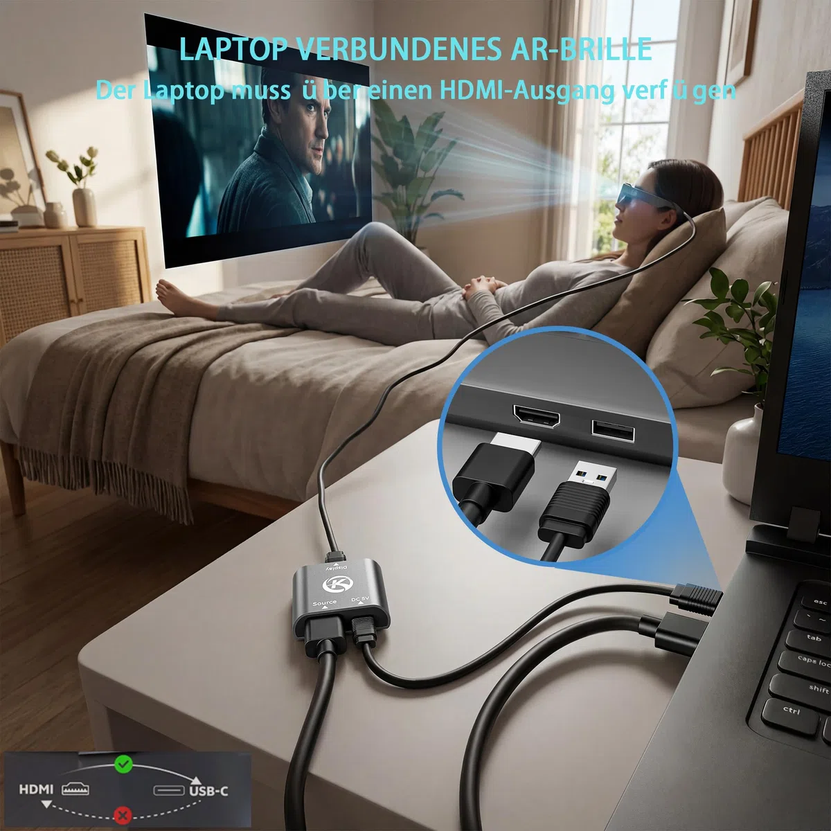 HDMI-auf-USB-C-Adapter für Switch OLED/Switch 2,PS4/5,Xbox,TV-Box,HDMI-Stecker (Quelle) auf USB-C-Buchse (Display),kompatibel mit RayNeo/Xreal/Rokid/Viture AR-Brille/tragbarem Monitor, 4K 60Hz