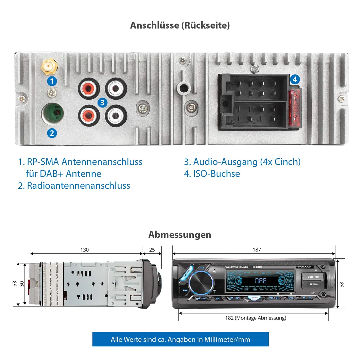 XOMAX XM-RD276 Autoradio mit DAB+ Tuner und Antenne I FM RDS I Bluetooth Freisprecheinrichtung I 2X USB, microSD, AUX I 7 Farben I 1 DIN