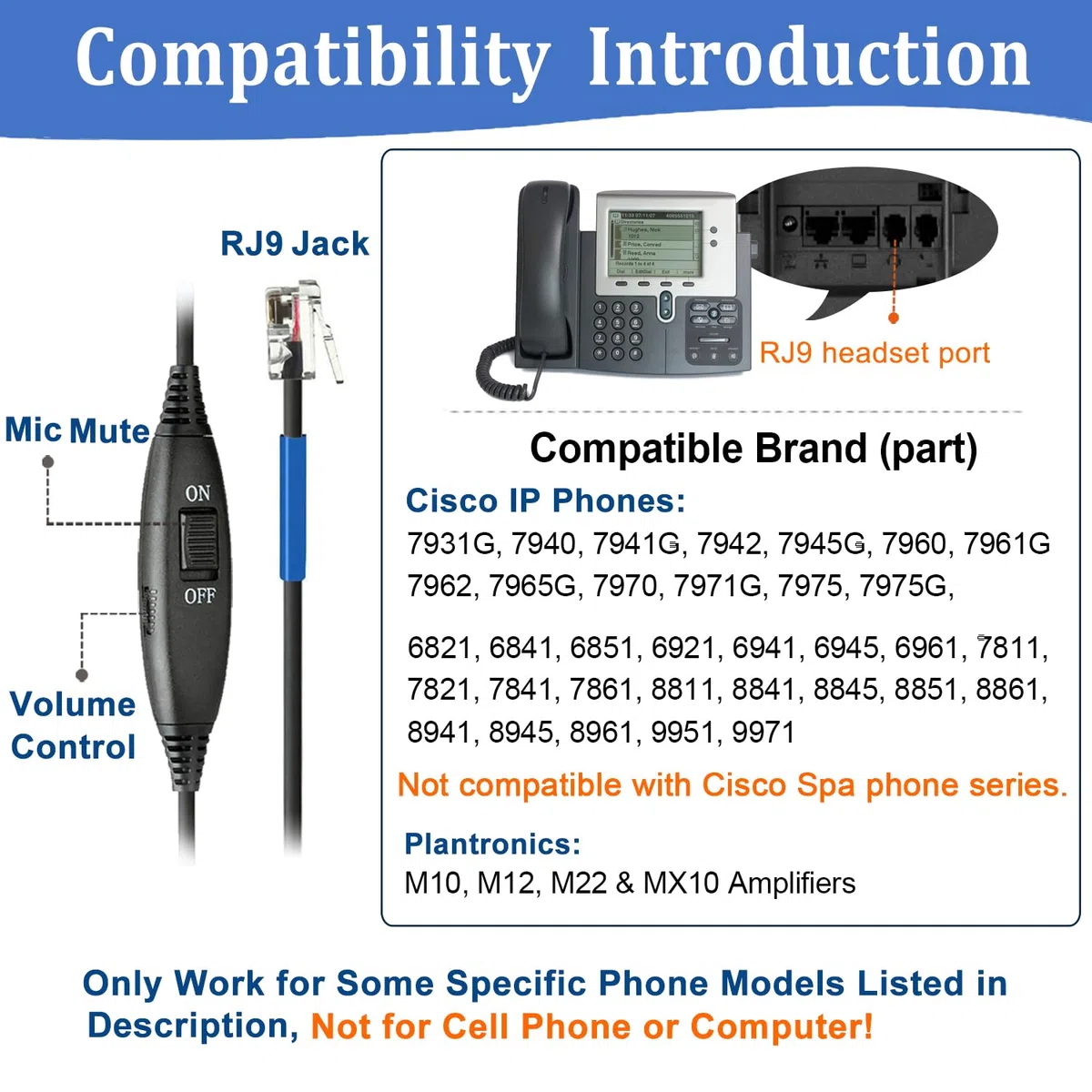 Telefon Headset RJ9 mit Mikrofon Noise Cancelling, Festnetztelefon Kopfhörer Binaural für Cisco 8811 7841 7942G 8841 8845 8851 8861 6851 Büro Call Center IP Telefone Plantronics M10 M22 Amplifier