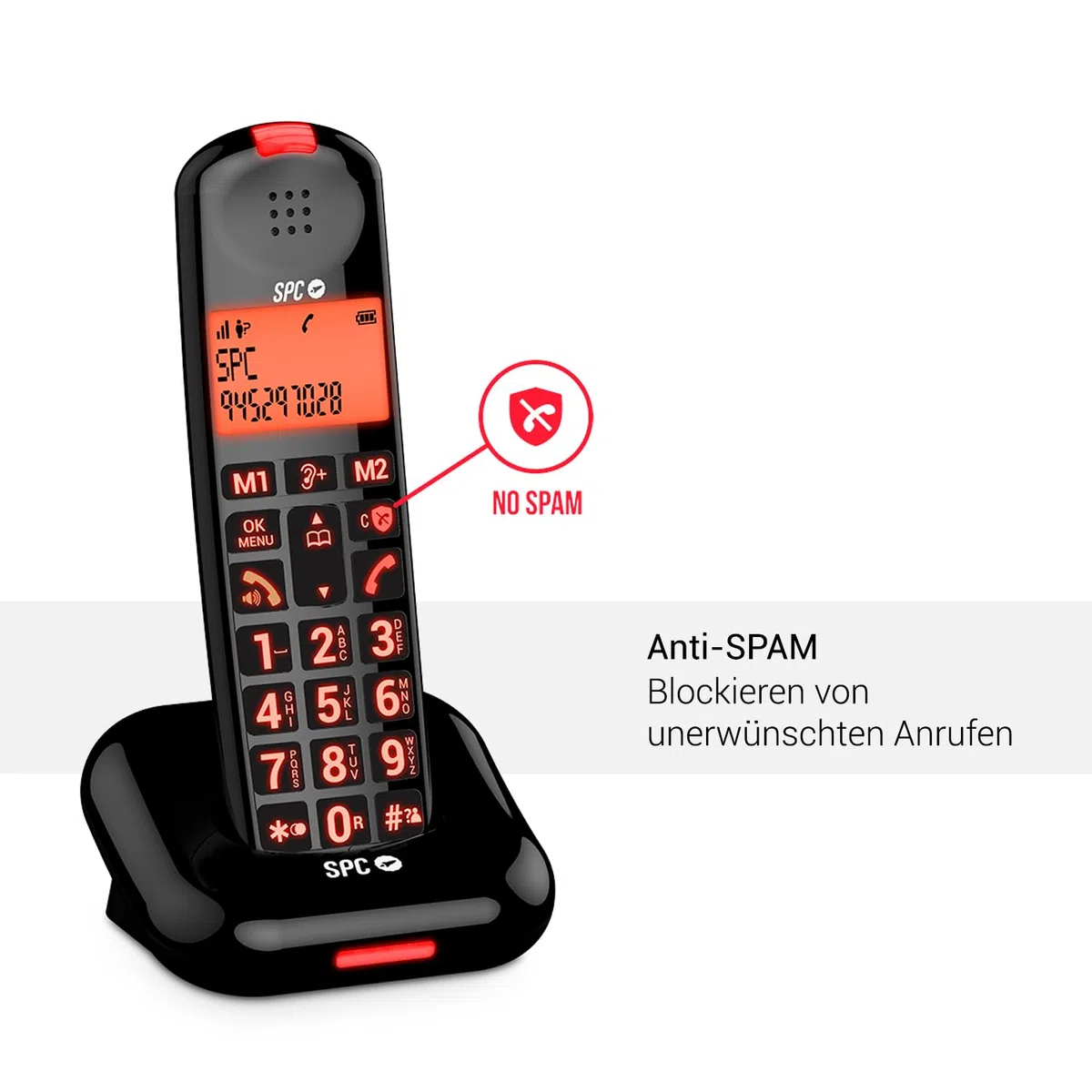 SPC Comfort Kairo - Schnurloses Telefon für Senioren mit großen Tasten, verstärktem Ton, hörgerätekompatibel, Anrufsperre, Lichtsignal und 2 Direktspeichern – Schwarz