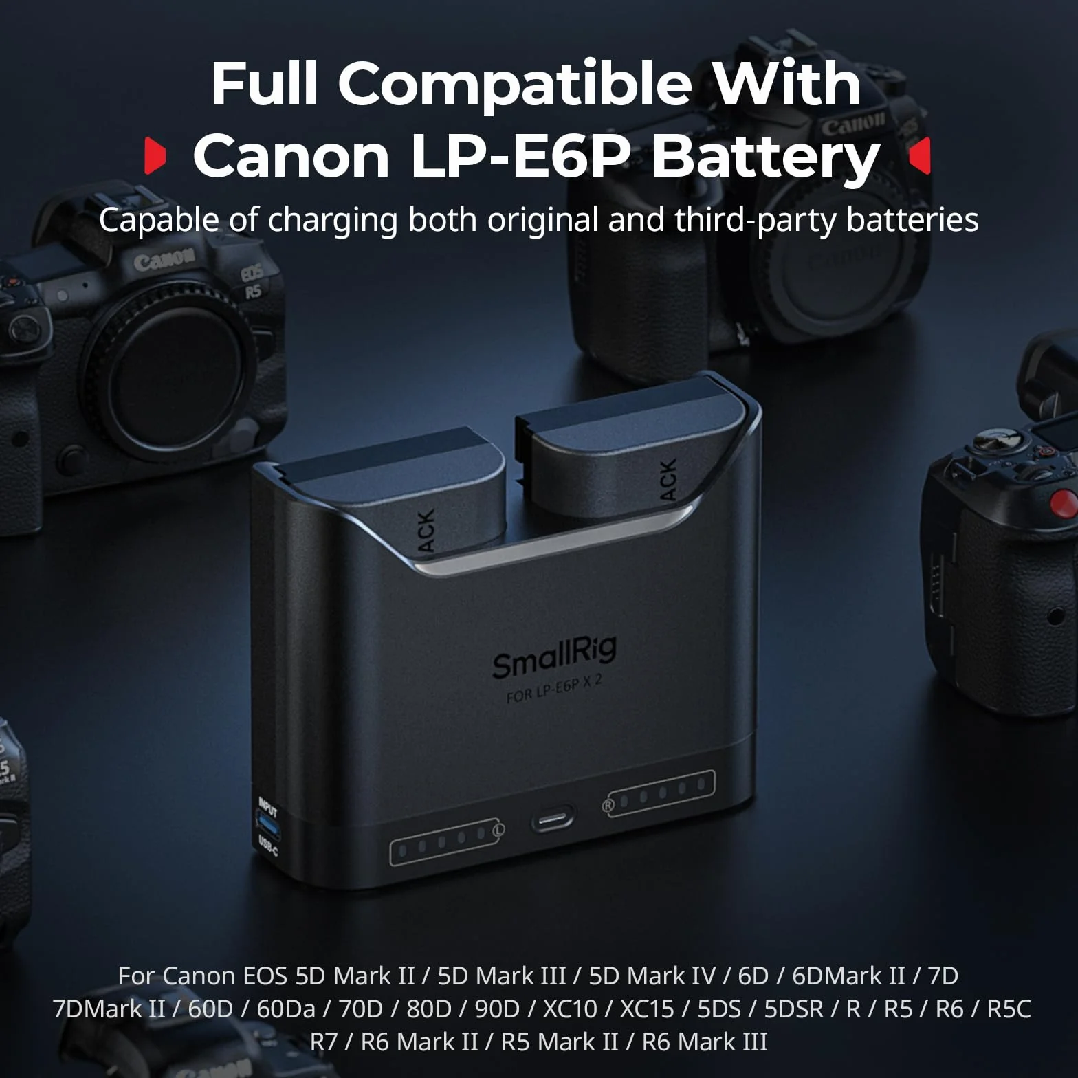 SMALLRIG LP-E6P Kamera-Akkuset für Canon, 22,5W-Doppelladegerät mit 2520mAh-Akkus, Vollständig für Canon EOS R6 Mark II/III, R5 Mark II, 5D Mark II/III/IV, 6D/7D, 6D/7D Mark II, R, R5 / 6/7-5485