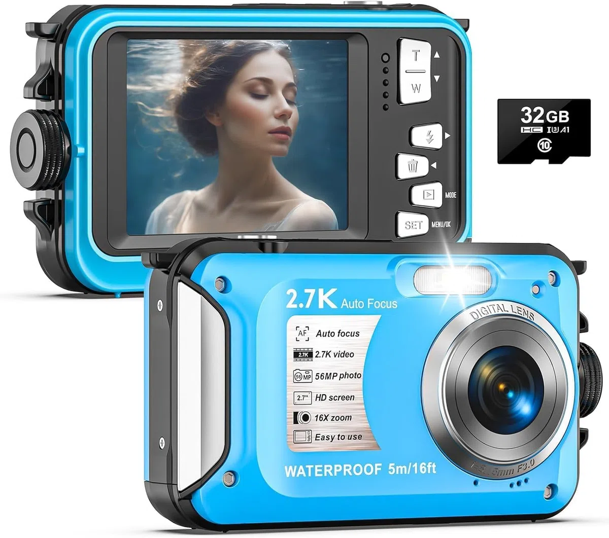 Unterwasserkamera 2.7K Digitalkamera wasserdichte 56MP Autofokus wasserdichte Kamera Fotokamera mit 32GB Karte