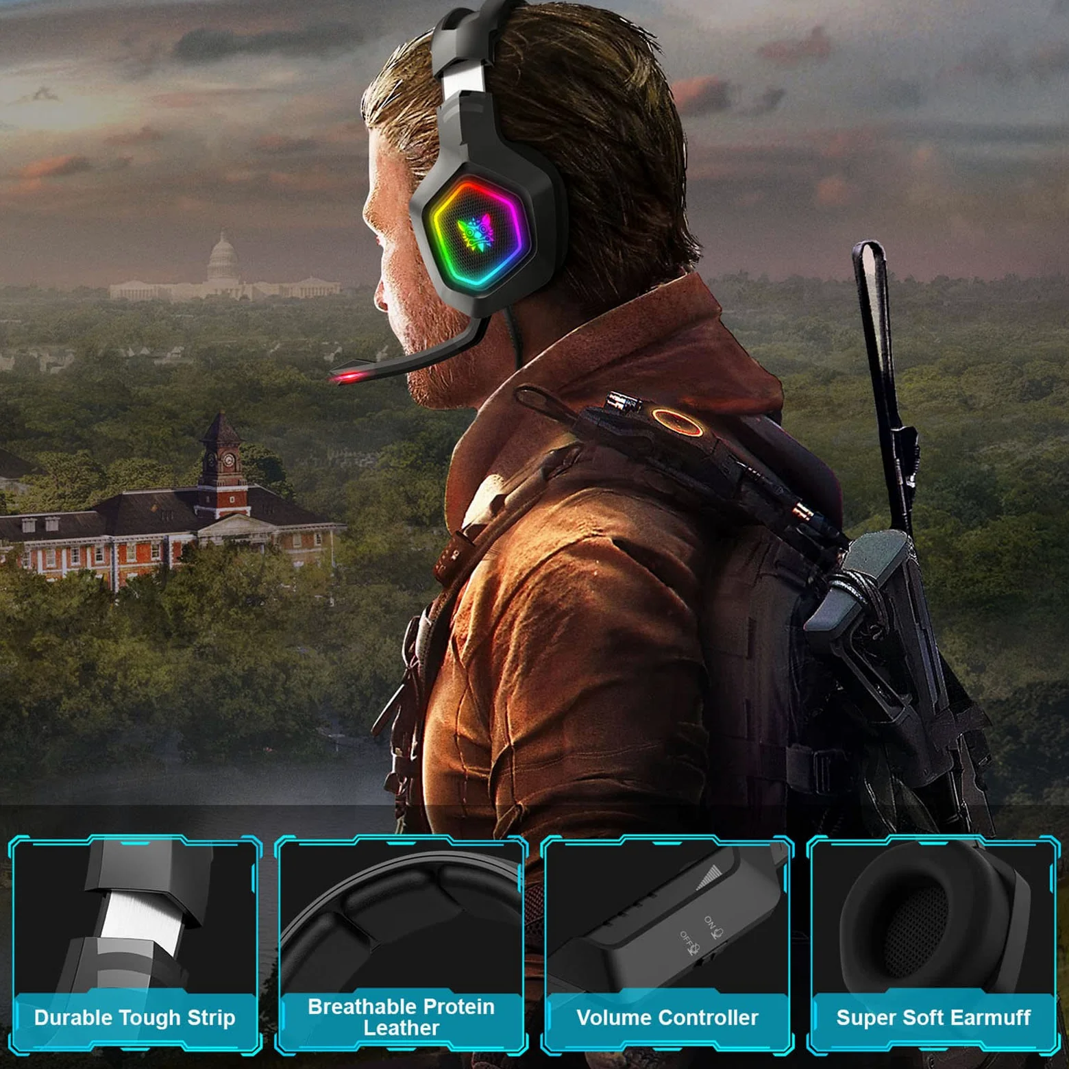 Eacam ONIKUMA K10 RGB-Gaming-Headset mit Mikrofon, Kabelgebundene Kopfhörer mit Geräuschunterdrückung für Computer-PC-Spieler, USB-Stecker, Bequeme Ohrmuscheln, Klarer Surround-So