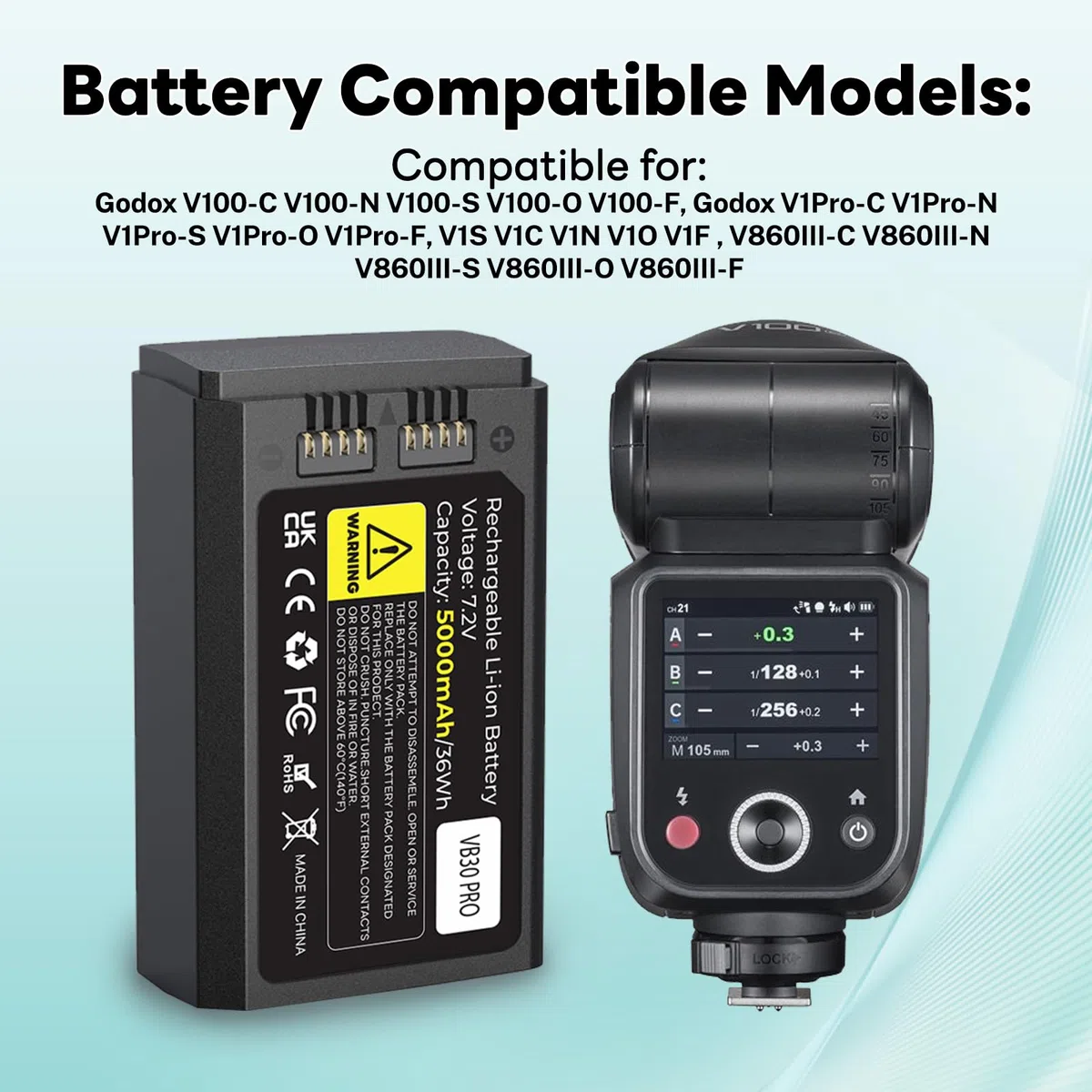 5000mAh VB30 Ersatzakku für V100 V1Pro V1, Akku für USB-C-Anschluss für V1ProC V1ProS V1ProN V1S V1C V1N V1F V1O V1P V100C V100N V100S V860III-S V860III-C V860III-N Kamera-Blitzgerät Speedlite