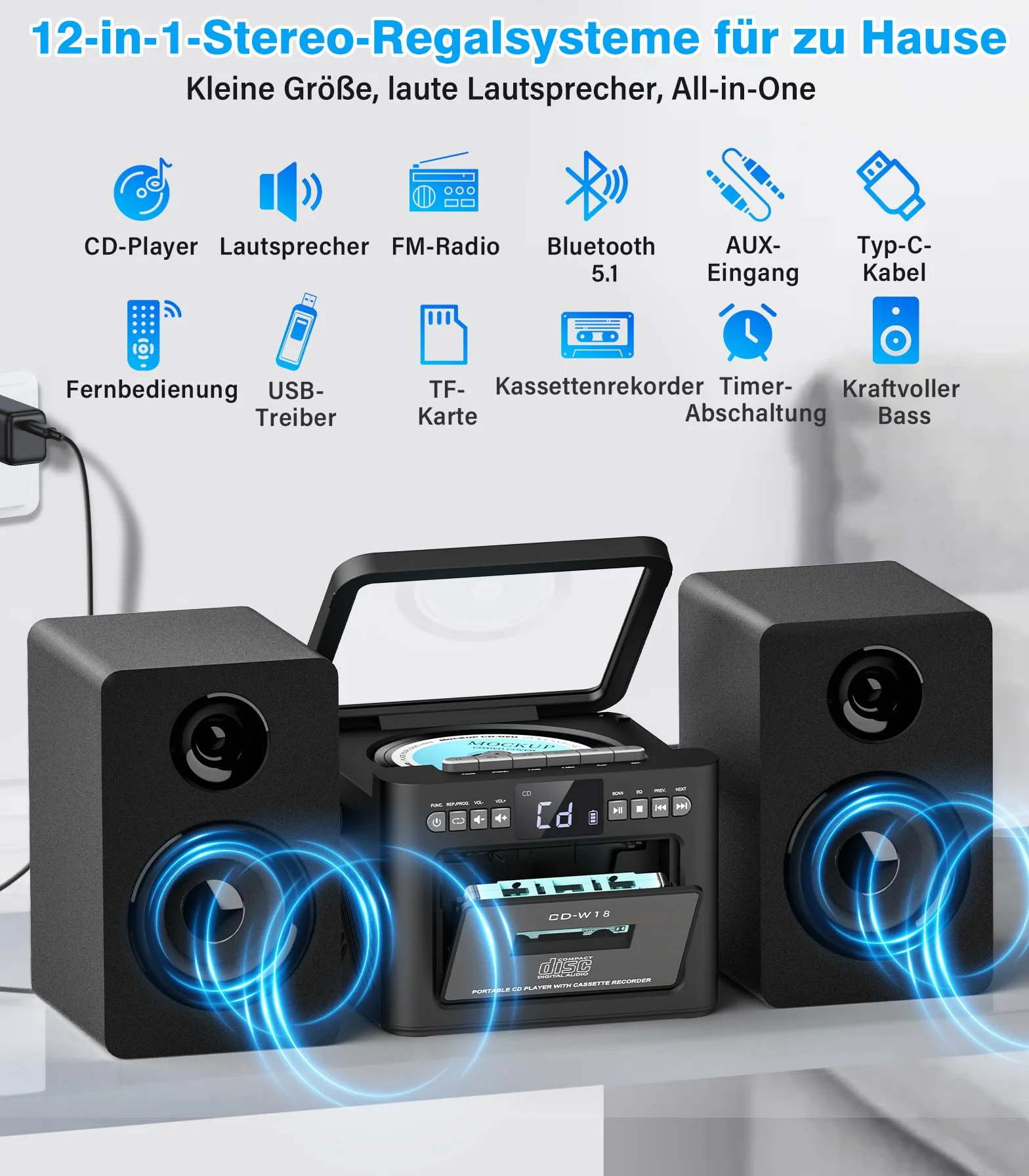 Greadio Stereoanlage mit CD Player und Kassettenrekorder, 40-W-Lautsprecher mit Bluetooth 5.1, Kassettenspieler mit FM Radio/USB/TF/AUX/Fernbedienung, HiFi Musikanlage (Schwarz)