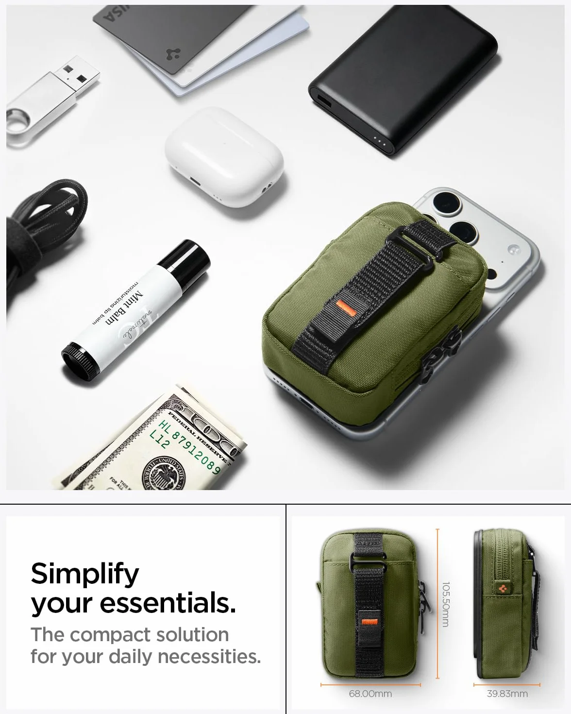 Spigen TinTap Zip MagFit MagSafe Kartenhalter Pouch mit RFID Blocking Kompatibel mit iPhone 17/16/15–12 Serie, AirPods Pro 3–1, AirPods 4–1 und Google Pixel 10 Serie mit Pixelsnap - Olivgrün