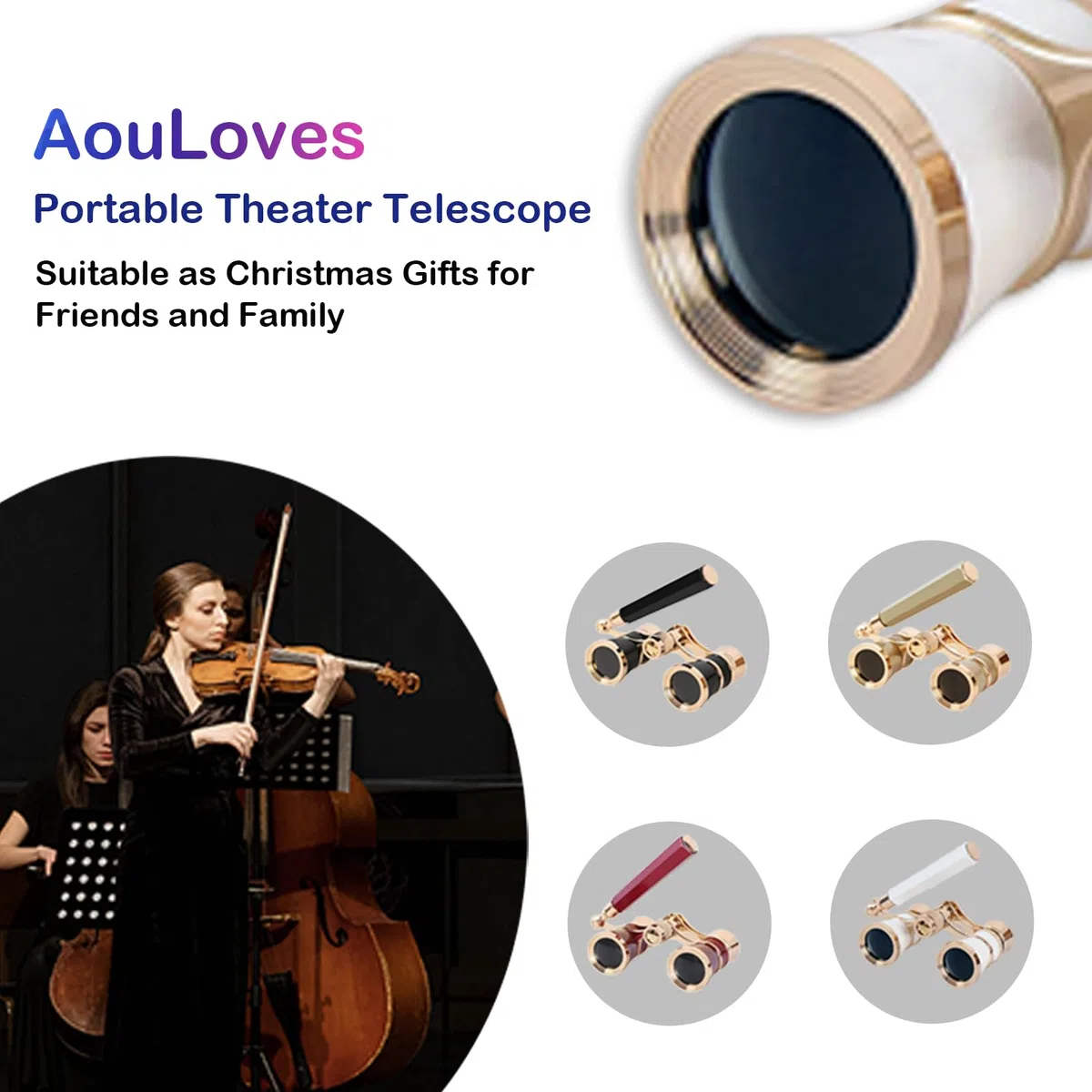 Opernbrille, Fernglas, 3 x 25, kompakt und leicht, mit eingebauter, faltbarer Theaterbrille, verstellbarer Griff für Erwachsene, Kinder, Frauen in Musikkonzerten und Opernhäusern (weiß)