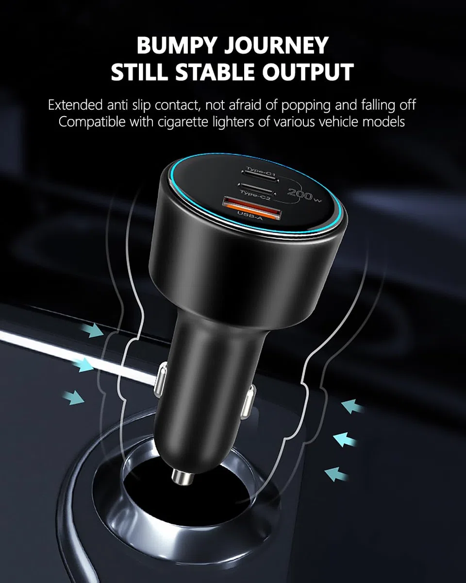Zigarettenanzünder USB C 200W Autoladegerät 3-Port KFZ Ladegerät Kompatibel Mit iPhone 16/15/14/13, MacBook Pro/Air, Surface, Galaxy S24, Mit 2 100W Kabel