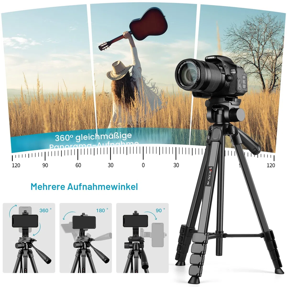 Victiv Neues Kamera Handy Stativ, 172cm Tragbares Camera Tripod, Aluminium Dreibein Stativ mit Abnehmbar 3-Wege-Kopf for für DSLR Canon Nikon Sony Action Kamera, Fotostativ für iPhone Smartphone