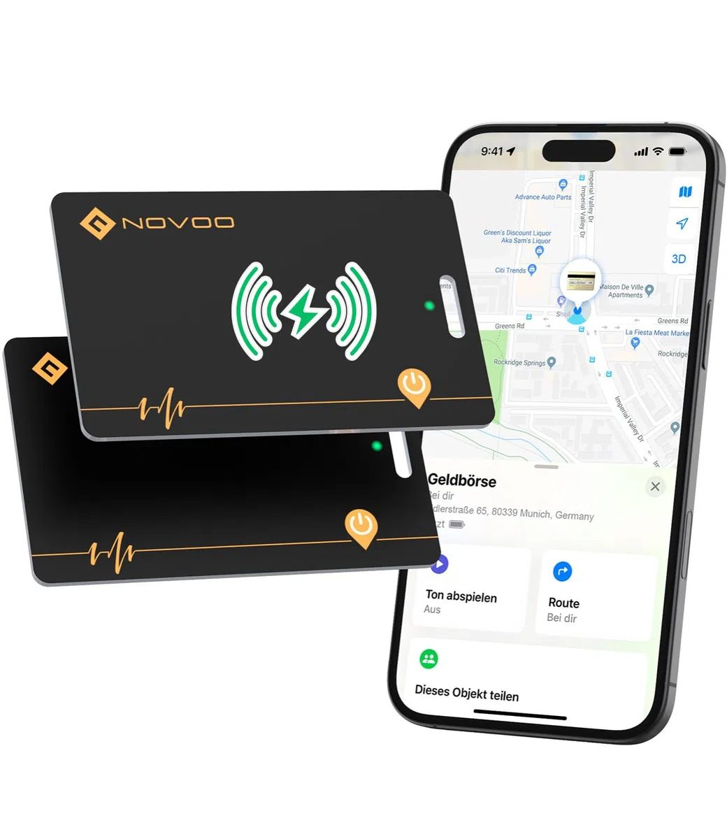 NOVOO Wiederaufladbarer Tracker 2er Pack Air Tag Karte Slim kompatibel mit Apple Find My (nur iOS),Bluetooth SmartTag Item Finder, IP68 wasserdicht,Dünne Geldbörsenfinder für Reisekoffer/Geldbeutel