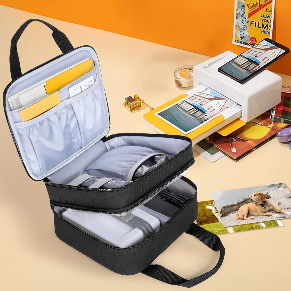 Luxja Fotodrucker-Tasche, Aufbewahrung für Sofortbilddrucker und Zubehör, kompatibel mit Kodak Dock Plus, Schwarz