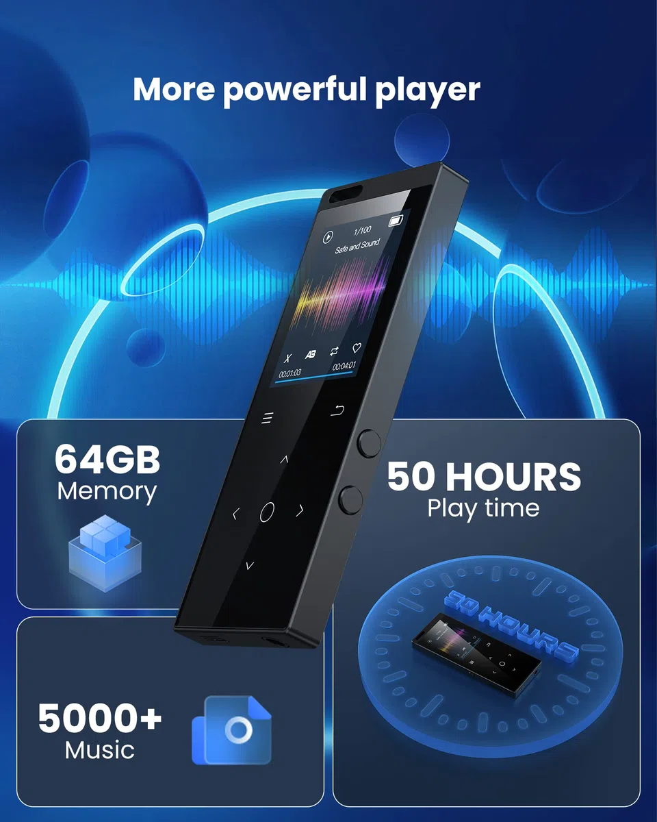 64GB MP3 Player Bluetooth - DODOSOUL MP3-Player mit Kopfhörer FM Radio Diktiergerät Mini-Design HiFi-Sound E-Book Reader Fotoalbum Ideal für Sport