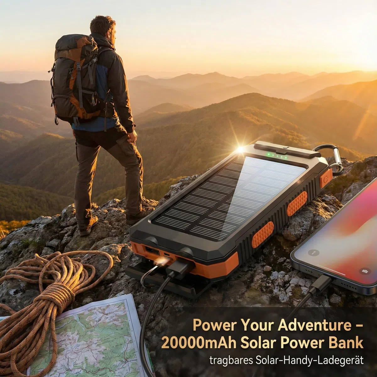 Solar Powerbank 20000mAh, Wasserdichtes USB C Externer Akku mit 2 Outputs, 2 USB-Anschlüssen, LED-Taschenlampen mit Kompass für Outdoor-Aktivitäten