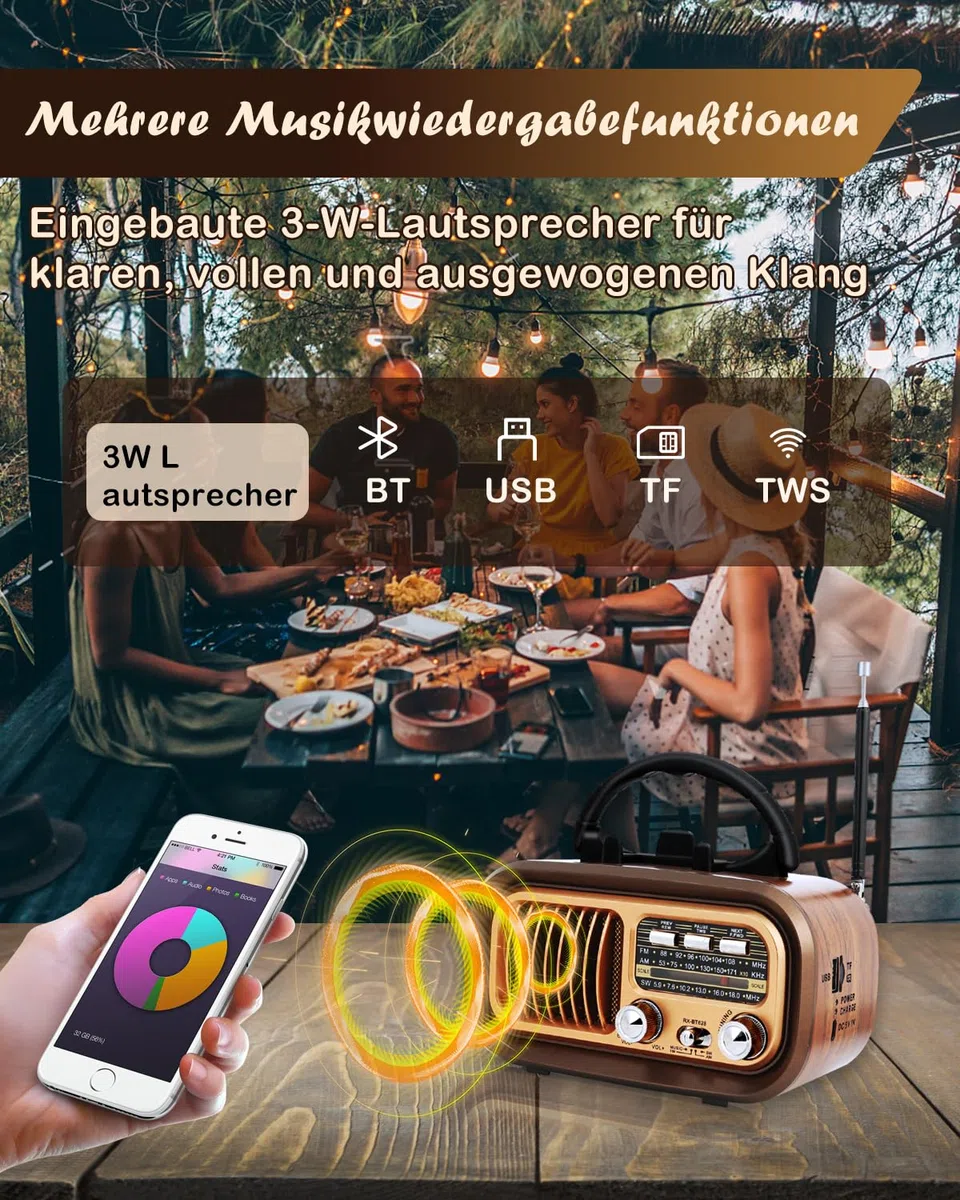 Retro Radio mit Bluetooth, AM/FM/SW Tragbares Radio, Kofferradio mit 1200mAh Akku und D-Batterien, USB/TF/TWS, Vintage Radio für Küche, Zuhause, Garten und Camping