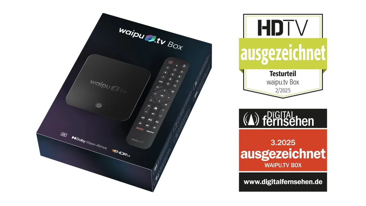 waipu.tv Box 4K HDR10+ Dolby Vision Dolby Atmos Fernbedienung mit Beleuchtung Fernsehen über WLAN LAN HDMI