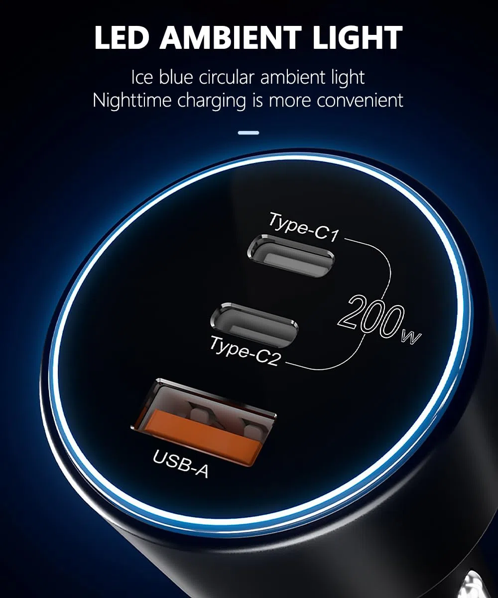 Zigarettenanzünder USB C 200W Autoladegerät 3-Port KFZ Ladegerät Kompatibel Mit iPhone 16/15/14/13, MacBook Pro/Air, Surface, Galaxy S24, Mit 2 100W Kabel