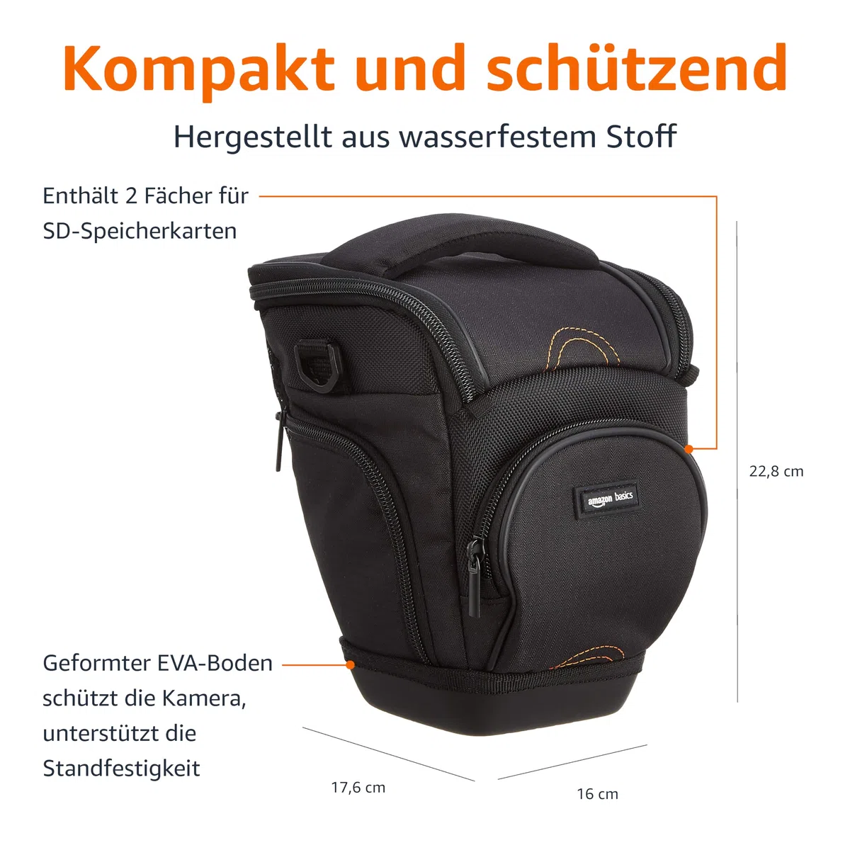 Amazon Basics Holster SLR Schultertasche für Kamera-Körper und Objektiv, Abnehmbarer Gurt, wasserdicht, stoßfest, gepolstert, Einfarbig, Zubehörtasche - Schwarz
