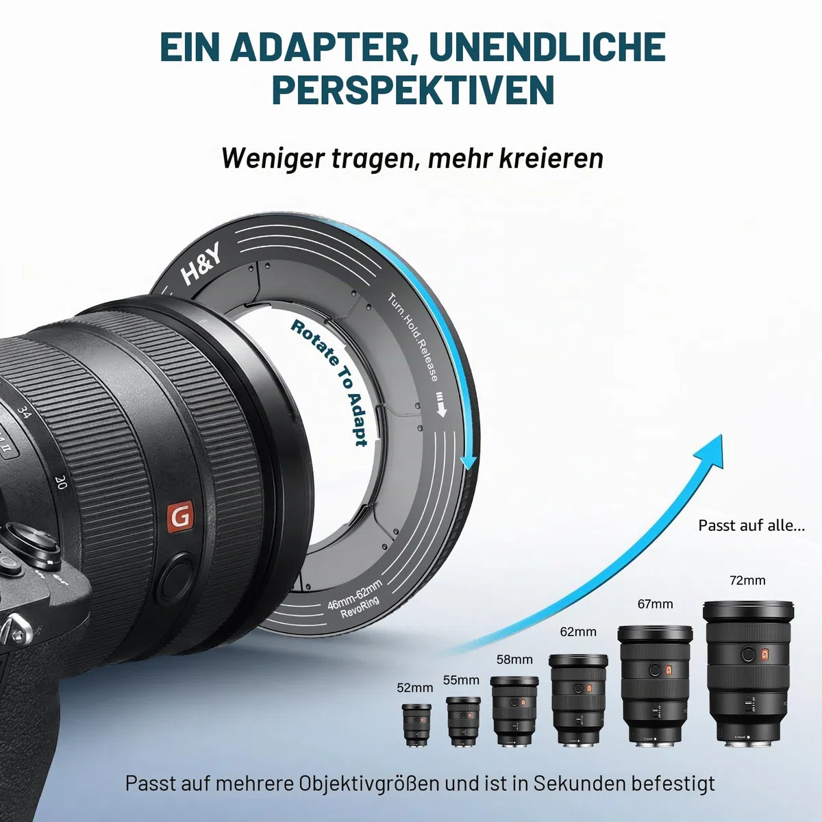 H&Y RevoRing Verstellbarer Step-Up-Ring 52–72 mm auf 77 mm, Variabler Objektivfilter-Adapterring, universelles Step-Up-System passend für 52, 55, 58, 62, 67 und 72 mm, Schwarz