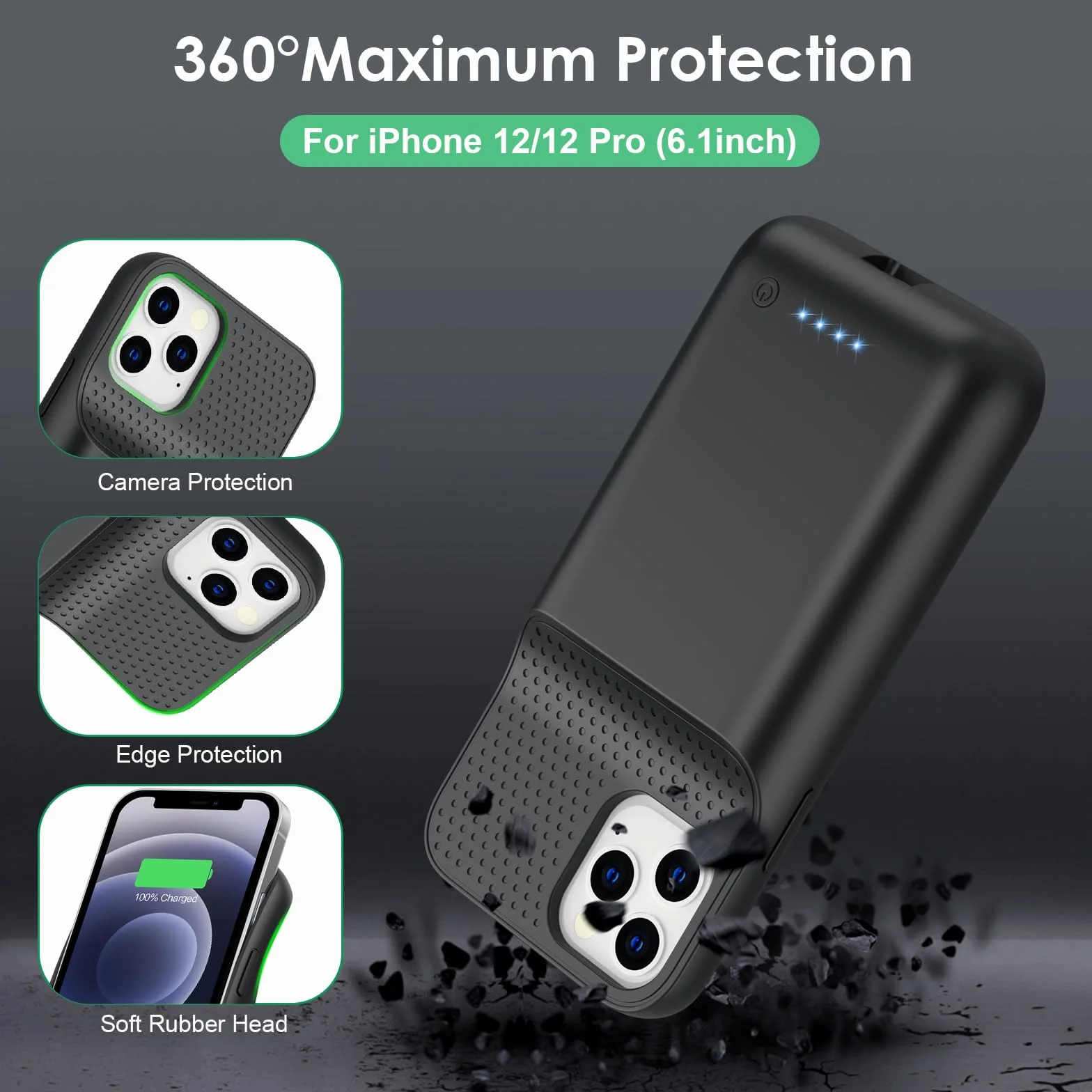 Akku Hülle für iPhone 12/12 Pro, HETP [10800 mAh] Wiederaufladbar Batterie Ladehülle Akku mit Schutzfolie, Tragbares Batterieladegerät Hülle Leistungsstarke Power Bank für iPhone 12/12 Pro (A-Schwarz)