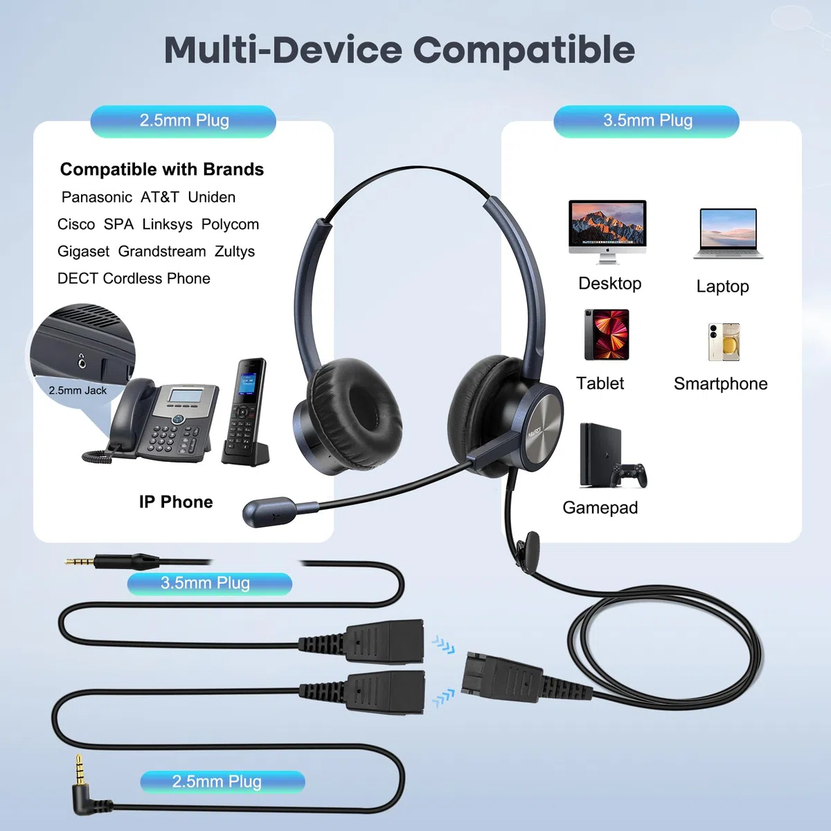 Mairdi Telefon Headset mit 2 5mm Klinke, Dual CallCenter Festnetztelefone Kopfhörer mit Mikrofon Noise Cancelling für Panasonic Cisco SPA Siemens Gigaset Grandstream Polycom DECT Schnurlostelefon
