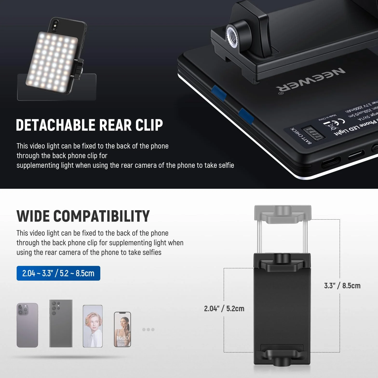 NEEWER Basic Clip On Selfie Licht kompatibel mit iPhone, 2000mAh wiederaufladbares LED Videolicht mit Handy Clamp für Computer Webcam, Laptop, Zoom Videokonferenzen, Make up Fotografie, NL-60AI