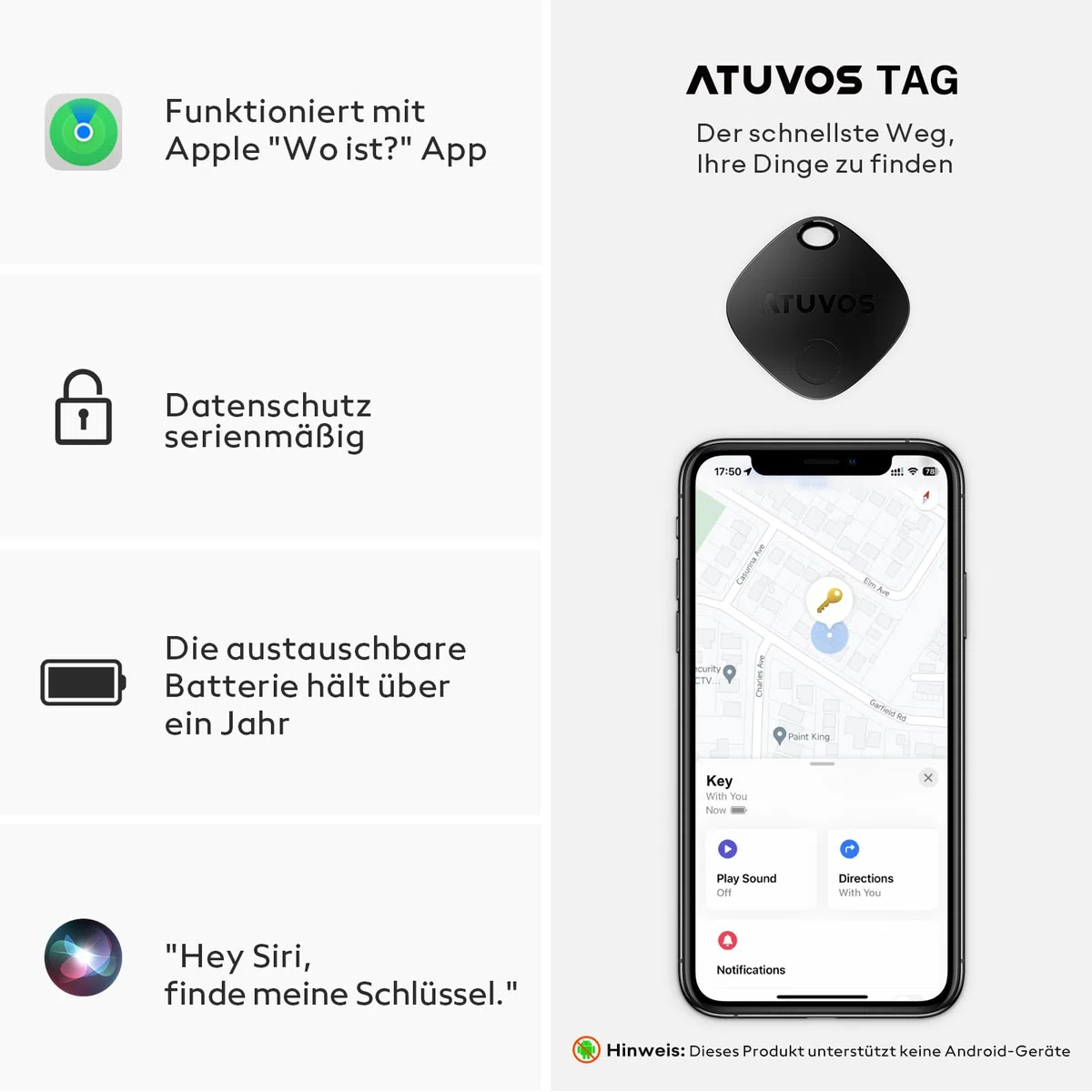 ATUVOS Air Tag Schlüsselfinder 4er Pack, Smart Tracker KeyFinder Kompatibel mit Apple Wo ist? APP (iOS NUR,Android Nicht unterstützt) Bluetooth Key Finder für Gepäck/Koffer/Taschen,Austauschbarer Akku