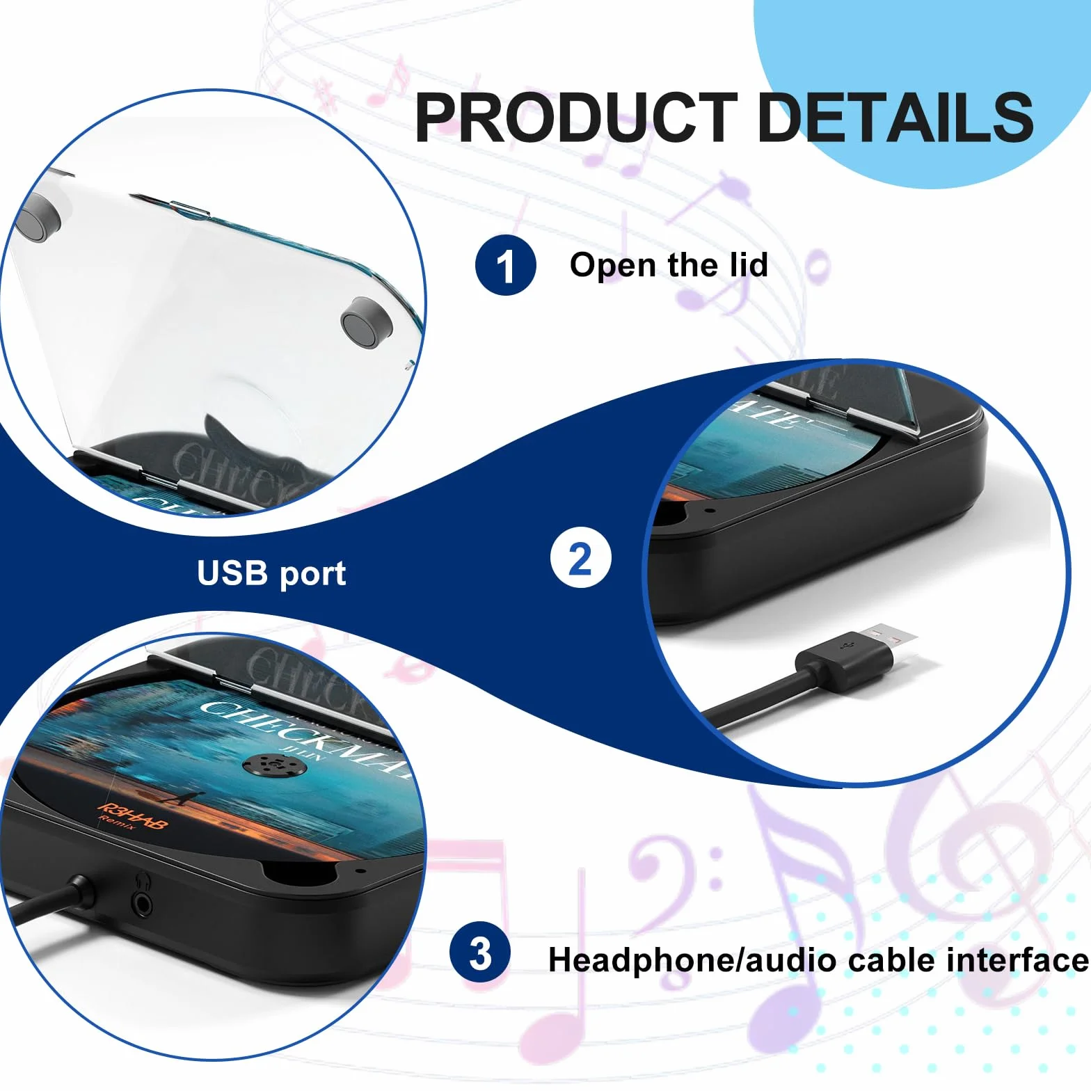CD Player für Auto mit USB/AUX-Anschluss, Universal Auto CD-Player Externer CD Laufwerk, kompatibel mit AutoRadio, CD-Spieler für Fahrzeuge, Laptop, PC, Fernseher, mit AUX-Kabel, Schwarz