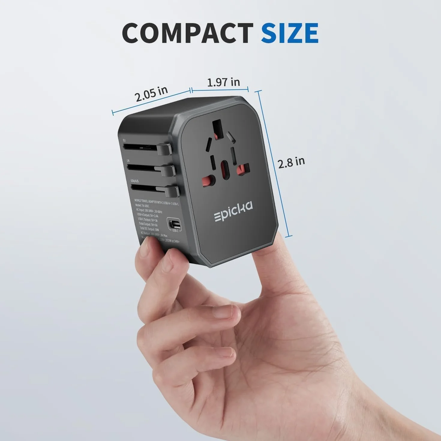EPICKA Reiseadapter Weltweit, Universal Reisestecker Adapter 30W, Internationaler Steckdosenadapter mit 3 USB-C, 2 USB-A, Travel Adapter für Deutschland US UK Japan Thailand Australien TA-105C Schwarz