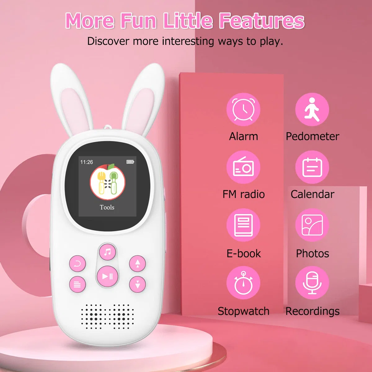 32GB Bluetooth MP3 Player Kinder, Niedlicher Hase Kinder Musik MP3 Player mit Kopfhörer & Lautsprecher, MP3-Player mit Alarm, Aufnahmen, Schrittzähler, Stoppuhr, Unterstützung bis zu 128GB