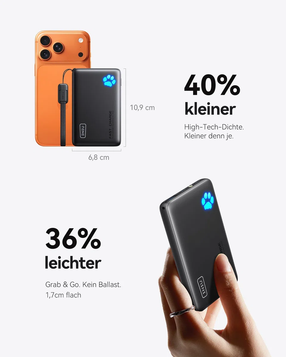 INIU Power Bank, Kleiner 45W Schnellladen 10000mAh Powerbank mit Abnehmbar USB C Kabel, Flugtauglich & Reise-Essential, Externe Handyakkus für iPhone 17 16 15 Pro, Samsung S25, Xiaomi, iPad etc