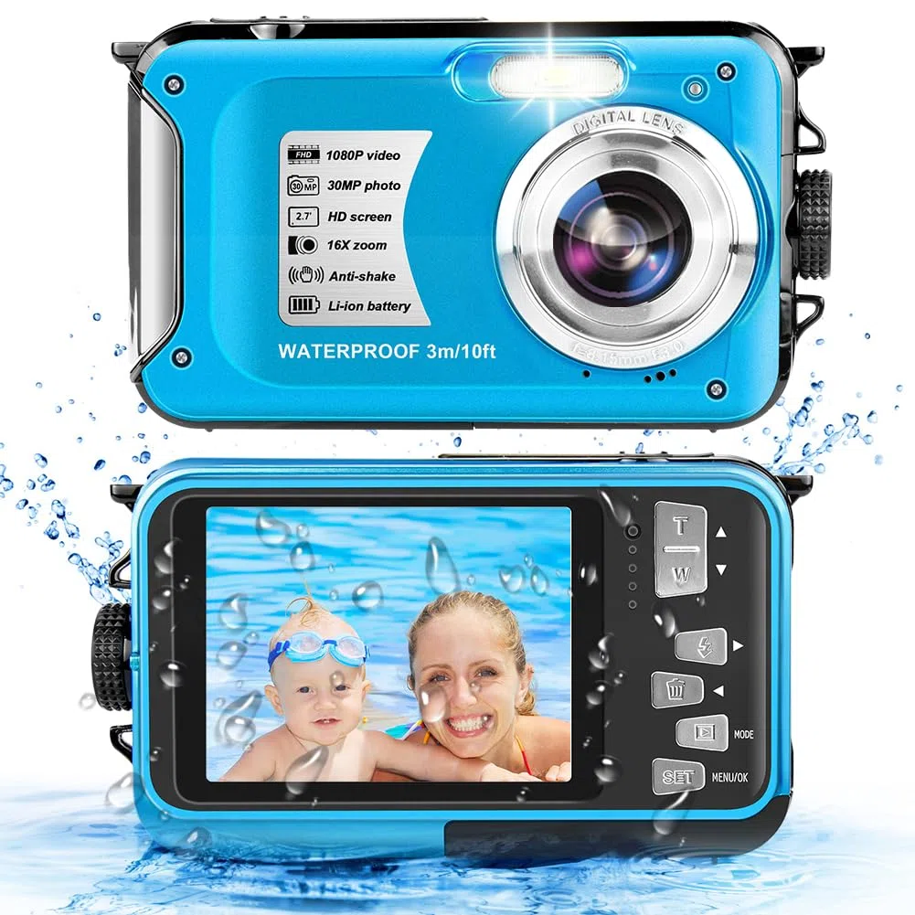 Unterwasserkamera wasserdichte Kamera 10FT 1080P Full HD 30MP Unterwasserkamera 16X Digitalzoom mit Einer 32GB Karte Anti Shake Digitalkamera Blau