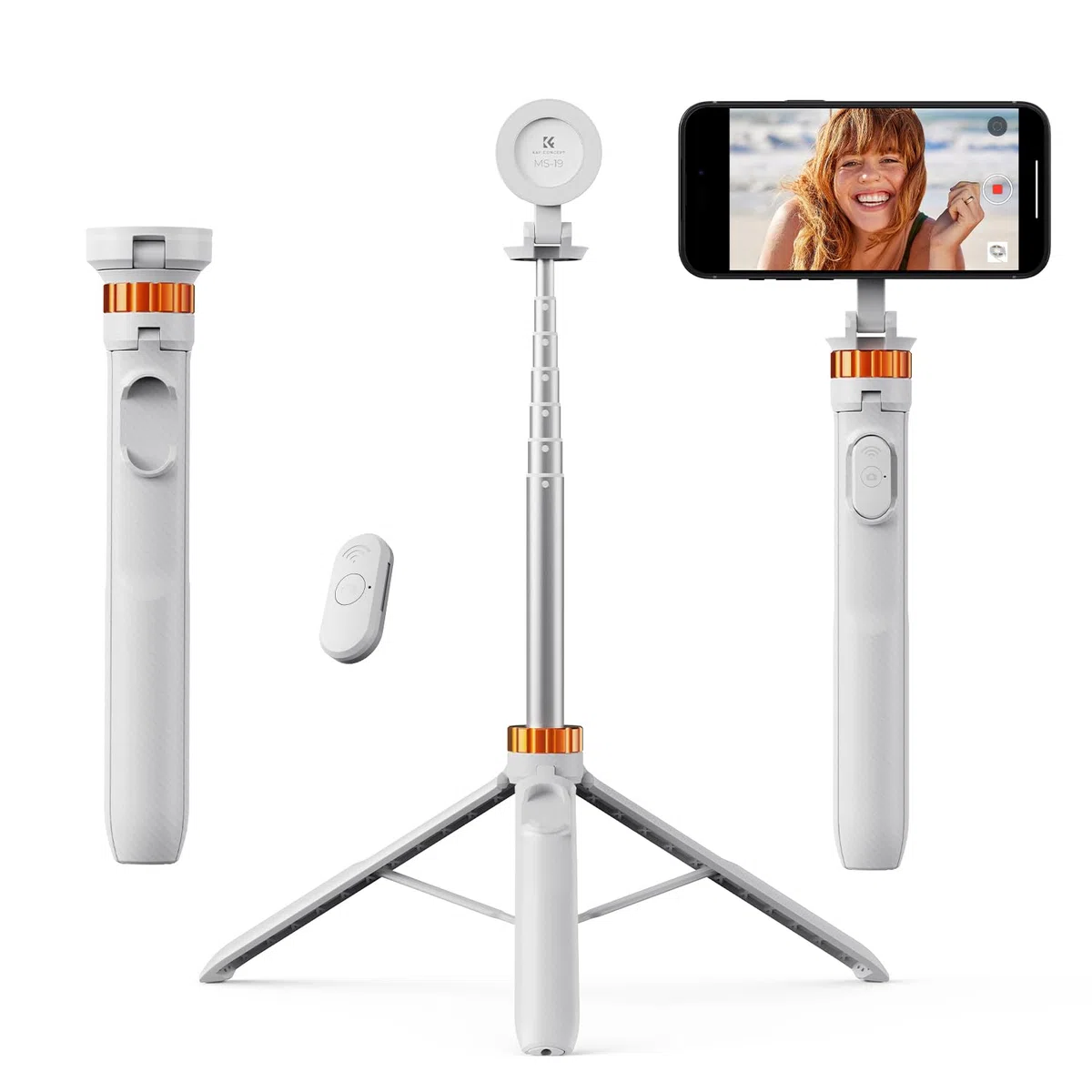 K&F CONCEPT MS19 Magnet Selfie Stick,162CM Handy Stativ mit Abnehmbarer Fernbedienung, Stativ für Smartphone, Mini-Stativ Kompatibel mit iPhone Samsung und Android Handys(Weiß)
