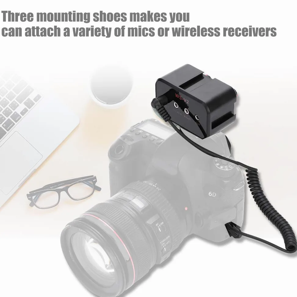 2-Kanal-Kamera-Mikrofon-Audiomixer für DSLR-Kameras, universeller tragbarer Mikrofon-Audioadapter-Mixer mit 3,5-mm-Eingängen, DREI Montageschuhen, Zwei Trimmregler, Zwei Stereo/Mono-Adapter