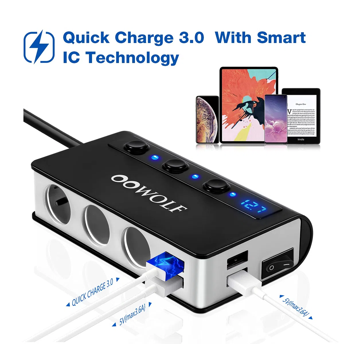 OOWOLF Zigarettenanzünder Verteiler, QC 3.0 180W 12V/24V, Adapter Auto Ladegerät, 3 DC Steckdose Splitter 4 USB Anschlüsse KFZ Verteiler für Smartphone, Tablet, GPS, Navi