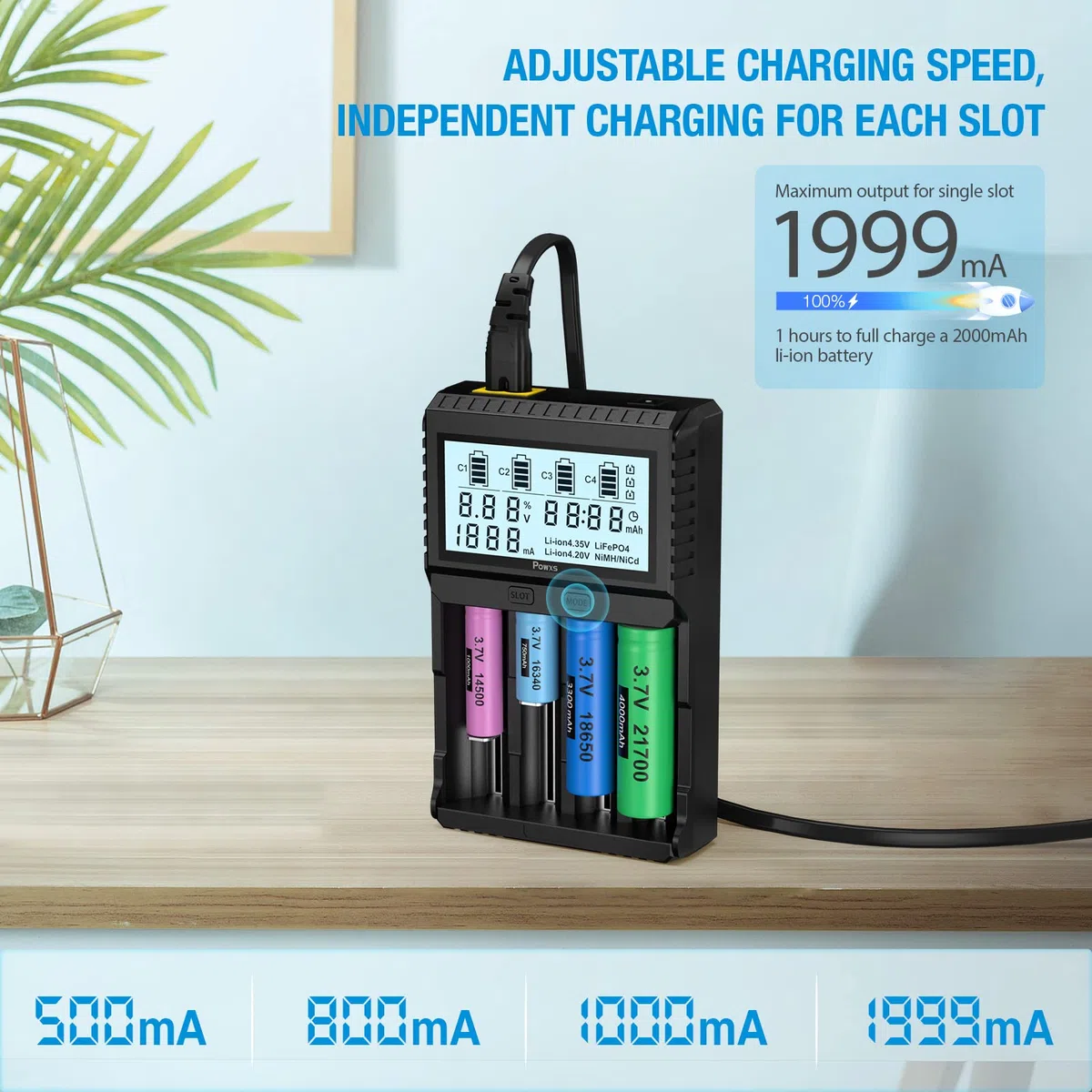 POWXS Universal Batterie Ladegerät, 18650 Akku Ladegerät mit Testfunktionen, LCD-Display Batterien Ladegerät für Li-Ion Lithium IMR NI-MH NI-Cd AA AAA C 26650 21700 18650 16340 14500 10440 RCR123
