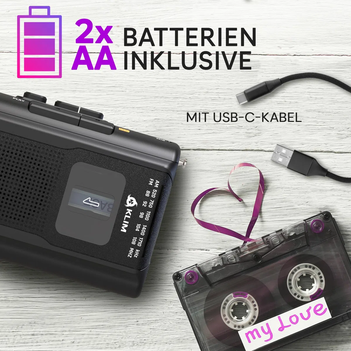 KLIM K8 Kassettenspieler mit Fusion-Kopfhörern - Kassettenrekorder - NEU Cassette Player - AM/FM Kassettenradio - Eingebautes Mikrofon & Lautsprecher - Kopfhöreranschluss & Ohrhörer - Schwarz