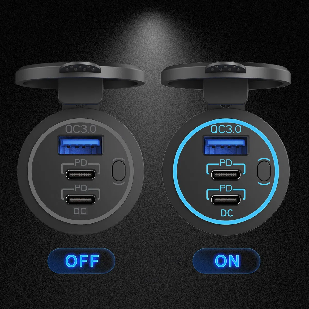 12V USB Steckdose USB-Ladegerät Mehrere Anschlüsse, Dual PD3.0 USB-C und Quick Charge 3.0 Auto-Anschlussbuchse mit Netzschalter, Schnell-Ladegerät für Handy und Tablet, Geeignet für Auto Boot