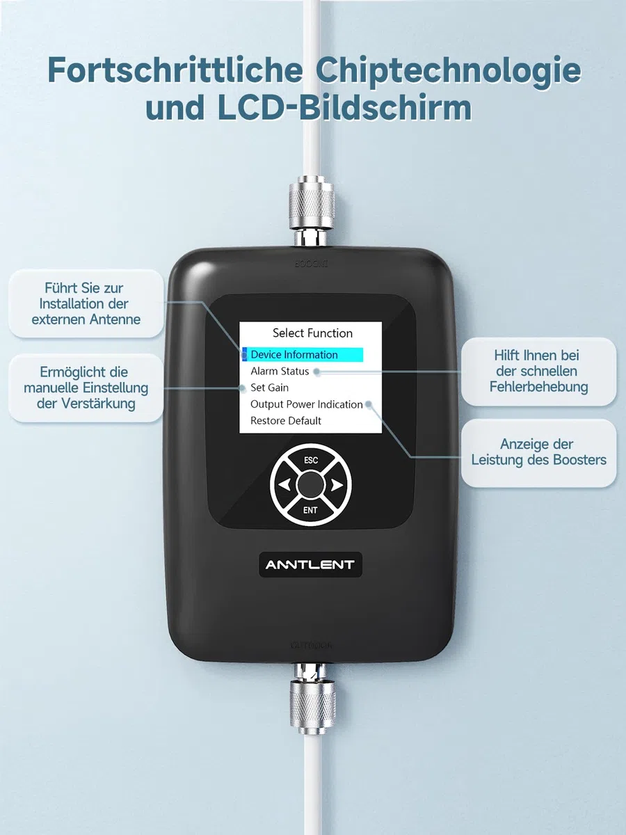 ANNTLENT LTE Verstärker Empfangsverstärker Handy mit Bildschirm Band 1/3/7/8/20 Unterstützt Alle Deutschen Betreiber O2 | 4G 3G 2G GSM Repeater 70 dB Hohe Verstärkung Einstellbar