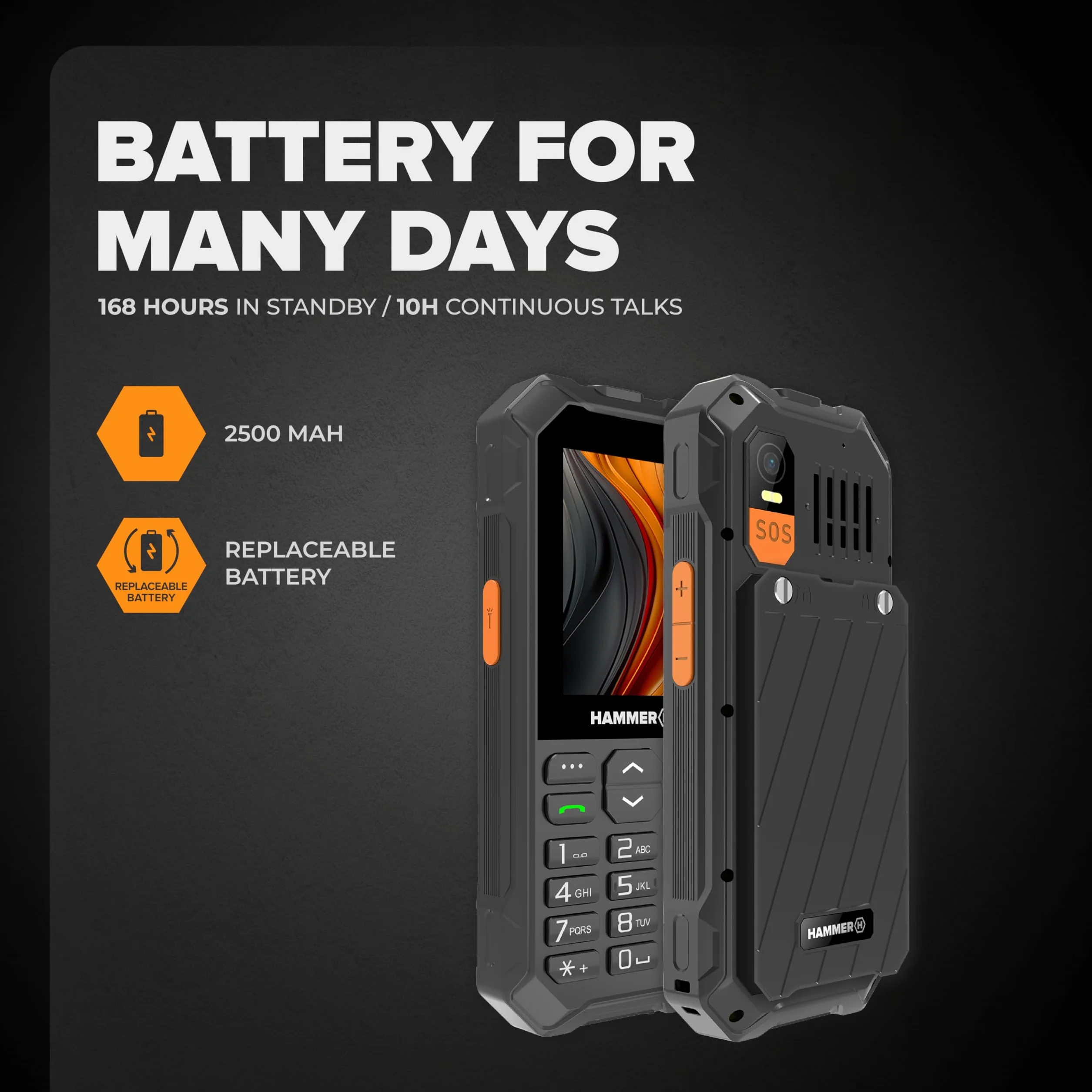 Tastentelefon Hammer 6 LTE, großer Akku 2500mah bis zu 7 Tage Standby, Taschenlampe und SOS-Taste, Volte-Technologie, beleuchtete Tasten, IP68 1,5 Meter Droptest, 2,4 Zoll Bildschirm, ohne Vertrag
