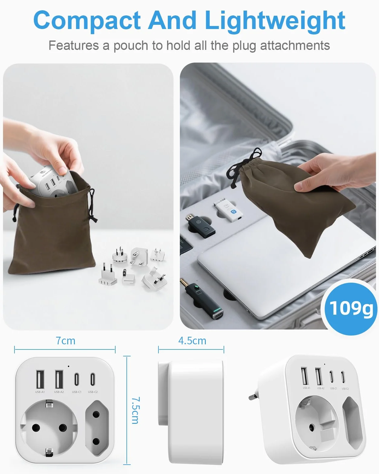 Reiseadapter Weltweit, Universal Reisestecker mit 2 USB A und 2 USB C, 6 Abnehmbare Internationale steckdosenadapter für USA UK EU AUS Japan Südafrika (6 Plug)