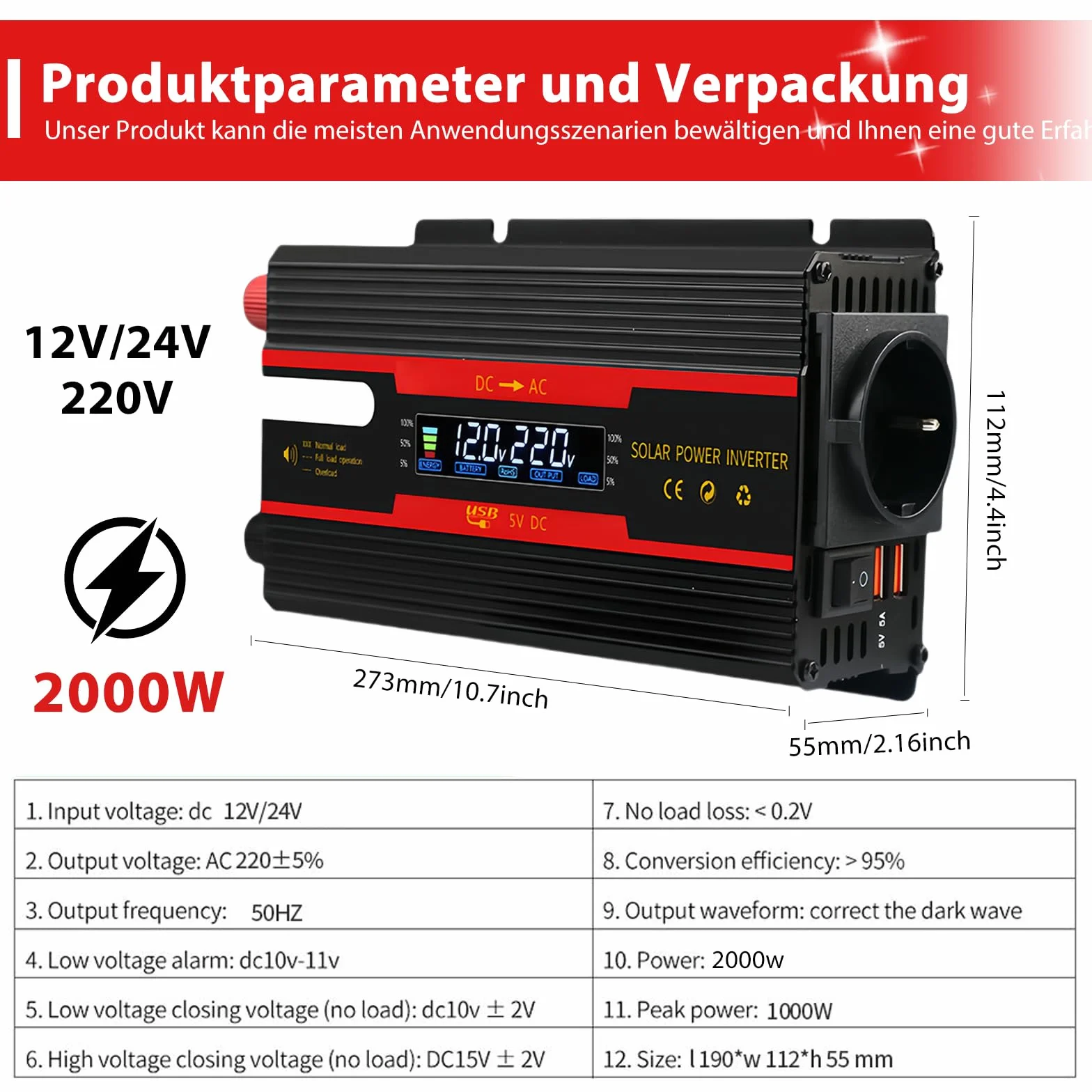 Wechselrichter Spannungswandler DC 12V / 24V auf AC 230V Modifizierte Sinuswelle Inverter 2000W mit EU Steckdosen, 2 USB und LCD-Anzeige Stromumwandler Adapter für Auto Kfz LKW Wohnwagen Camping