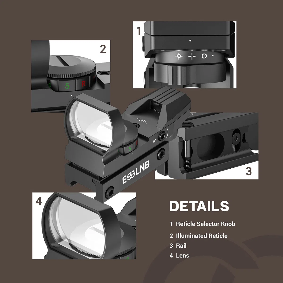 ESSLNB Red Dot Visier Scope Sight Leuchtpunktvisier für 20mm/22mm Schiene mit Montage Schutz und Tactical 4 Reticles