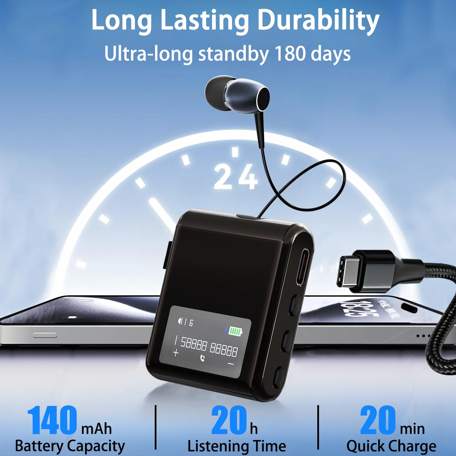 Bluetooth Business Headset mit Einziehbarem Kabel, Kabelloses Headset mit Mikrofon, Kabelloses Lavalier-Headset mit LCD-Display, Bluetooth 5.4, Schnellladefunktion (Schwarz)
