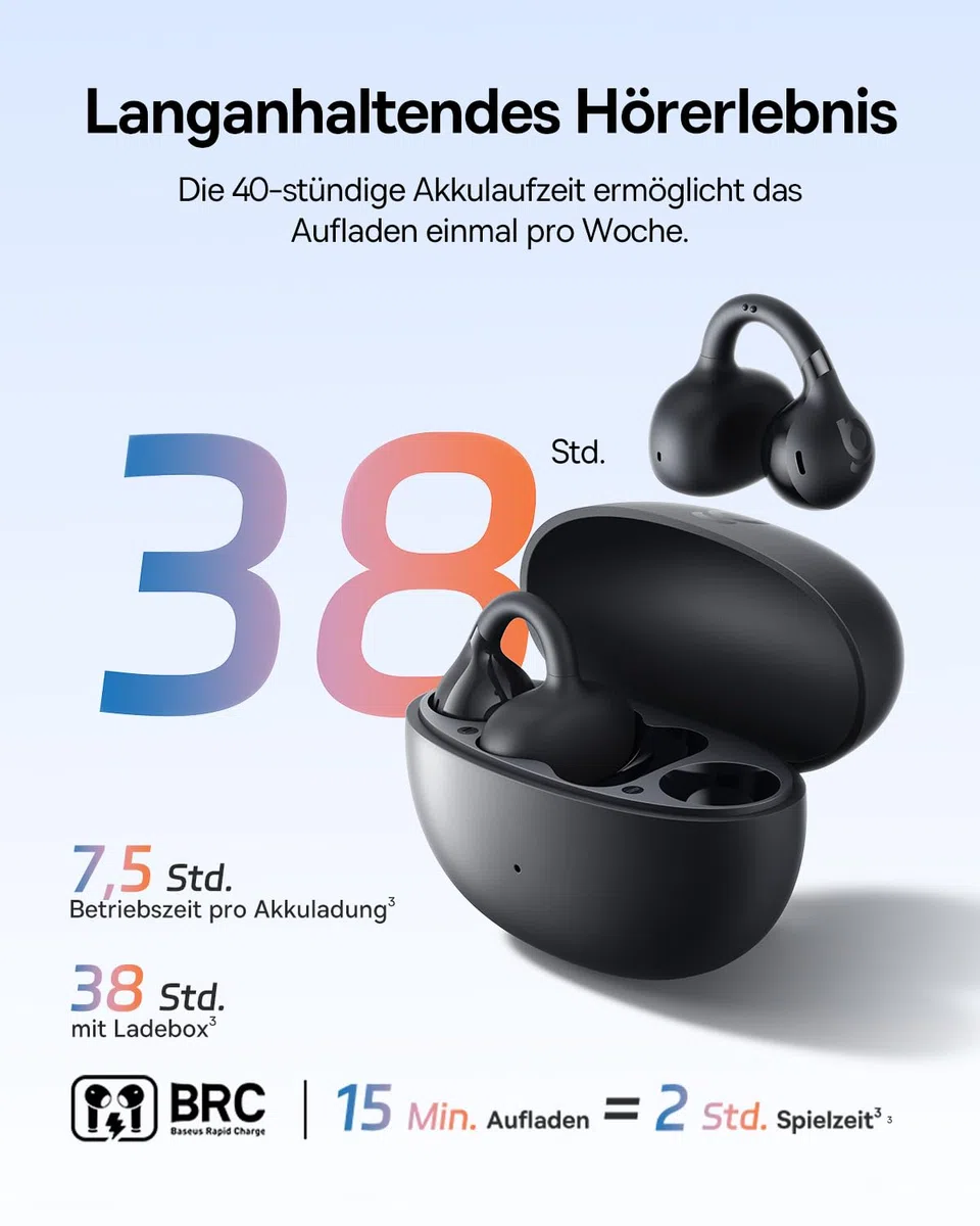 Baseus BC1 Open Ear Kopfhörer, Ohrclip mit Beeindruckender Klang, Adaptiver Bassverstärkung, Bluetooth 6.0, Geräuschunterdrückung bei Anrufen, IP55, 38H Akk, Leicht Buds - Interstellar Schwarz