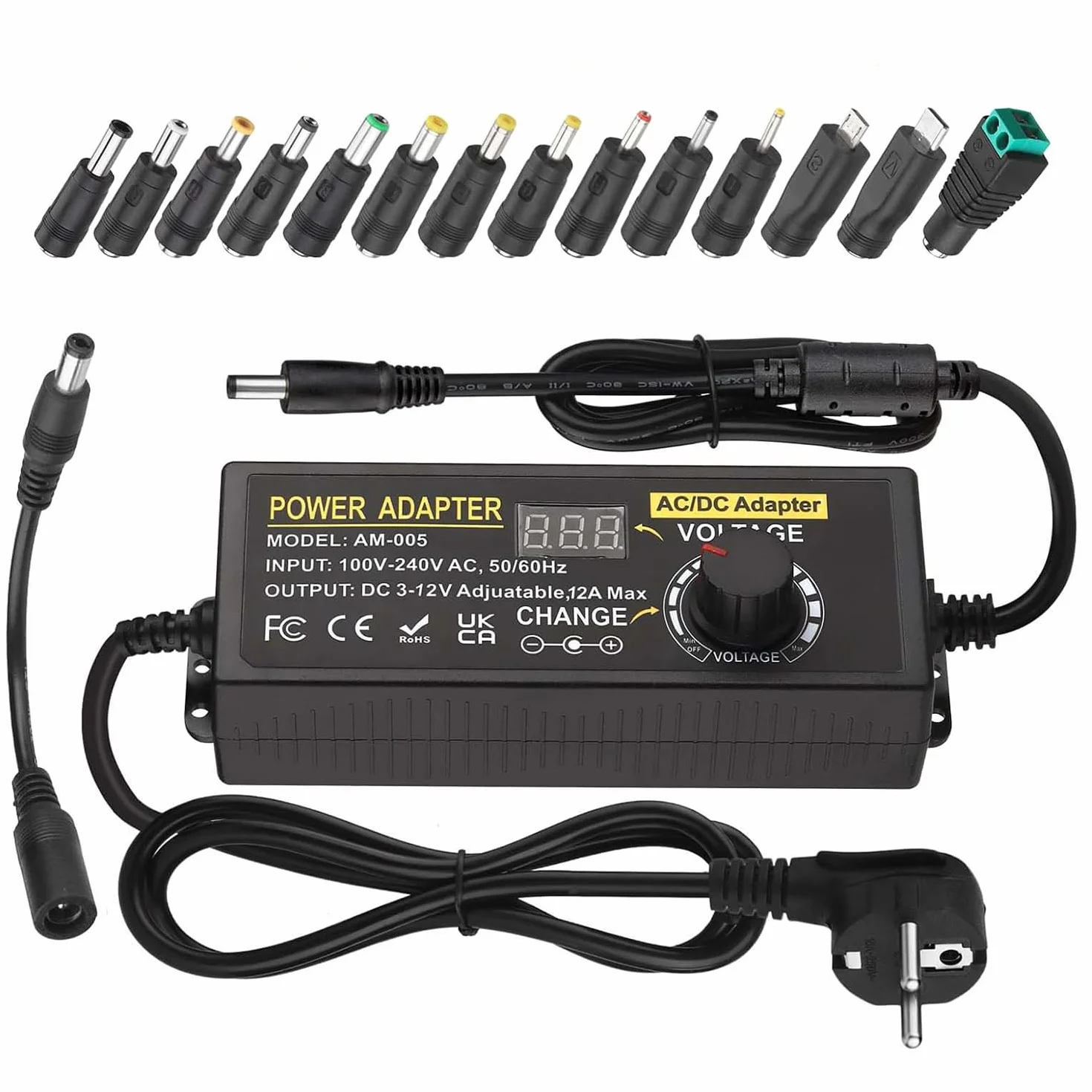 Universal Netzteil 12V 12A, Verstellbarer Netzadapter 3V-12V 144W Einstellbares Netzteil 100V-240V AC to DC 3V 4.5V 5V 6V 7.5V 9V 12V 1A 2A 3A 4A 5A 10A mit 14 DC Steckern